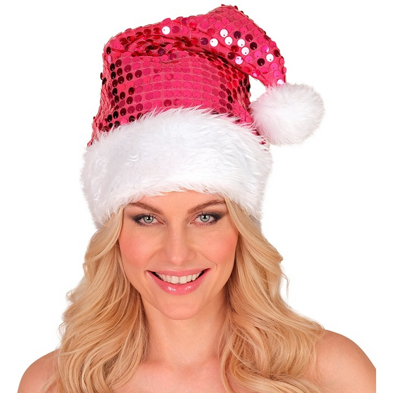 Op deze afbeelding zie je een Accessoires, van het merk Widmann. Glitter Bling Kerst Muts Met Pailletten Roze