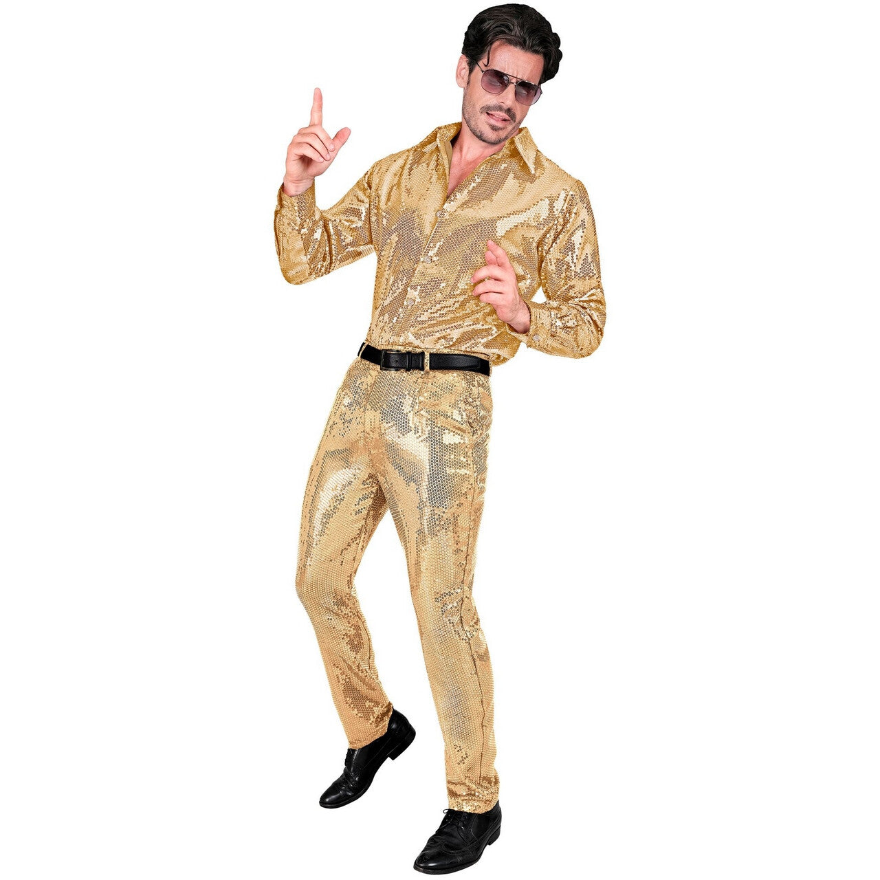 Op deze afbeelding zie je een Kostuums, van het merk Widmann. Oogverblindende Pailletten Broek Goud Man