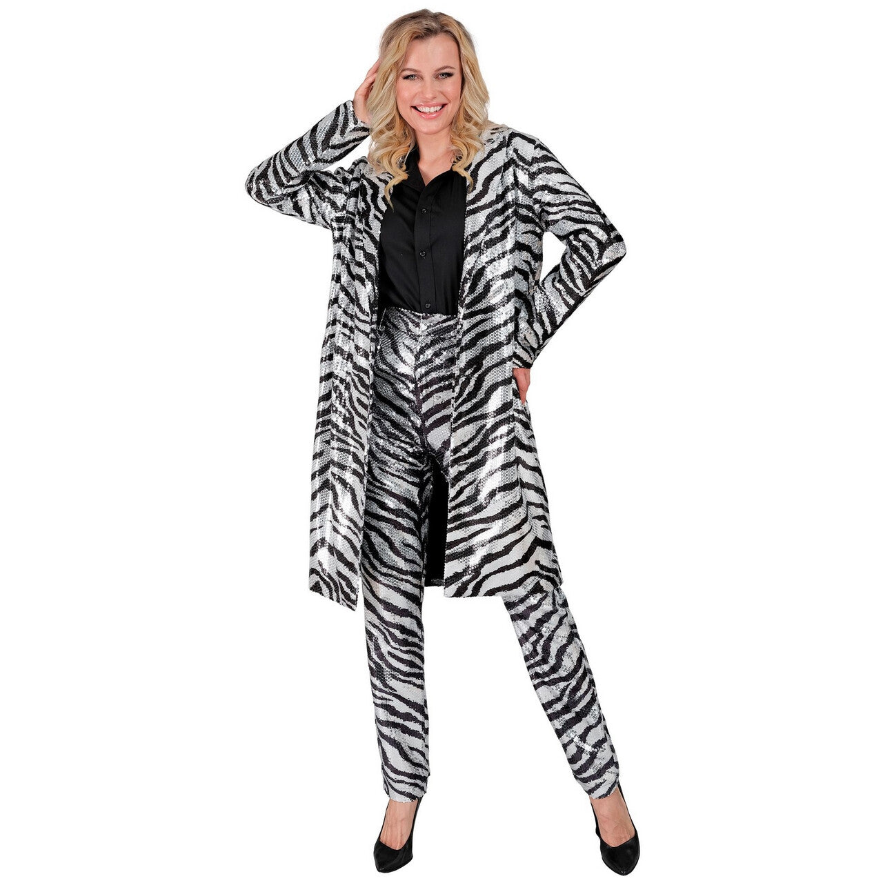 Op deze afbeelding zie je een Kostuums, van het merk Widmann. Shiney Stripes Pailletten Jas Zebra