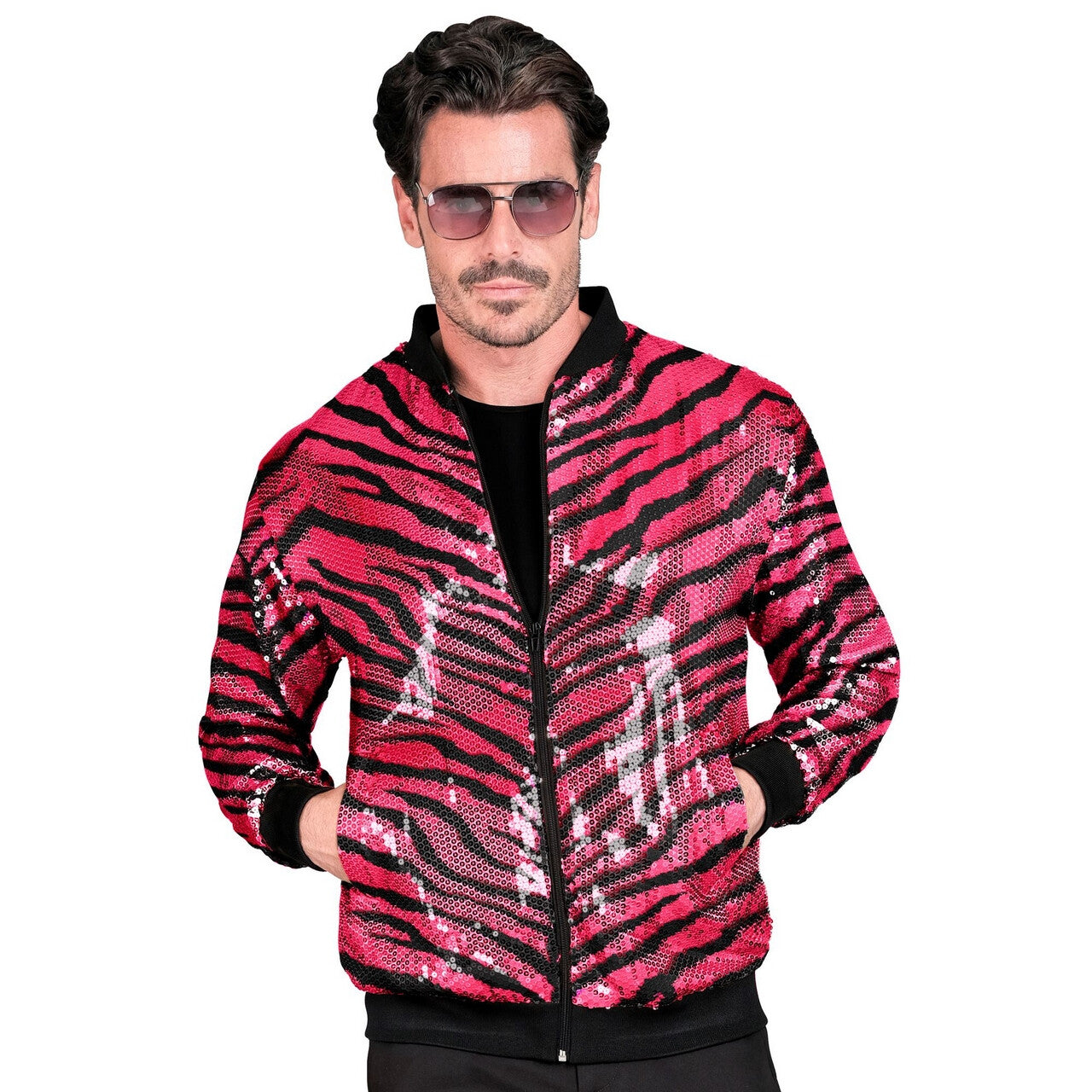 Op deze afbeelding zie je een Kostuums, van het merk Widmann. Bomberjack Pailletten Jas Roze Animal Stripes