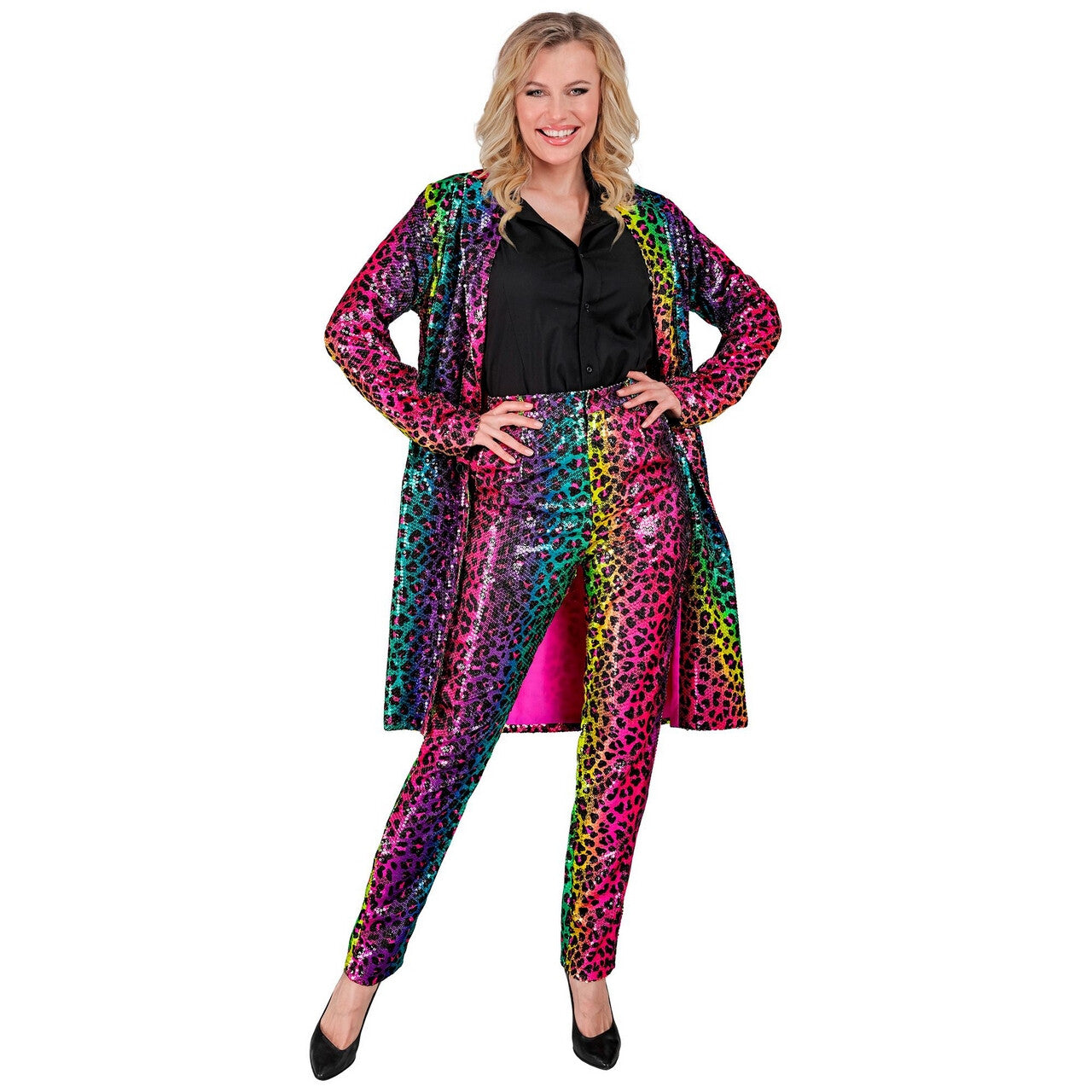 Op deze afbeelding zie je een Kostuums, van het merk Widmann. Pailletten Regenboog Jungle Party Luipaardprint Jas