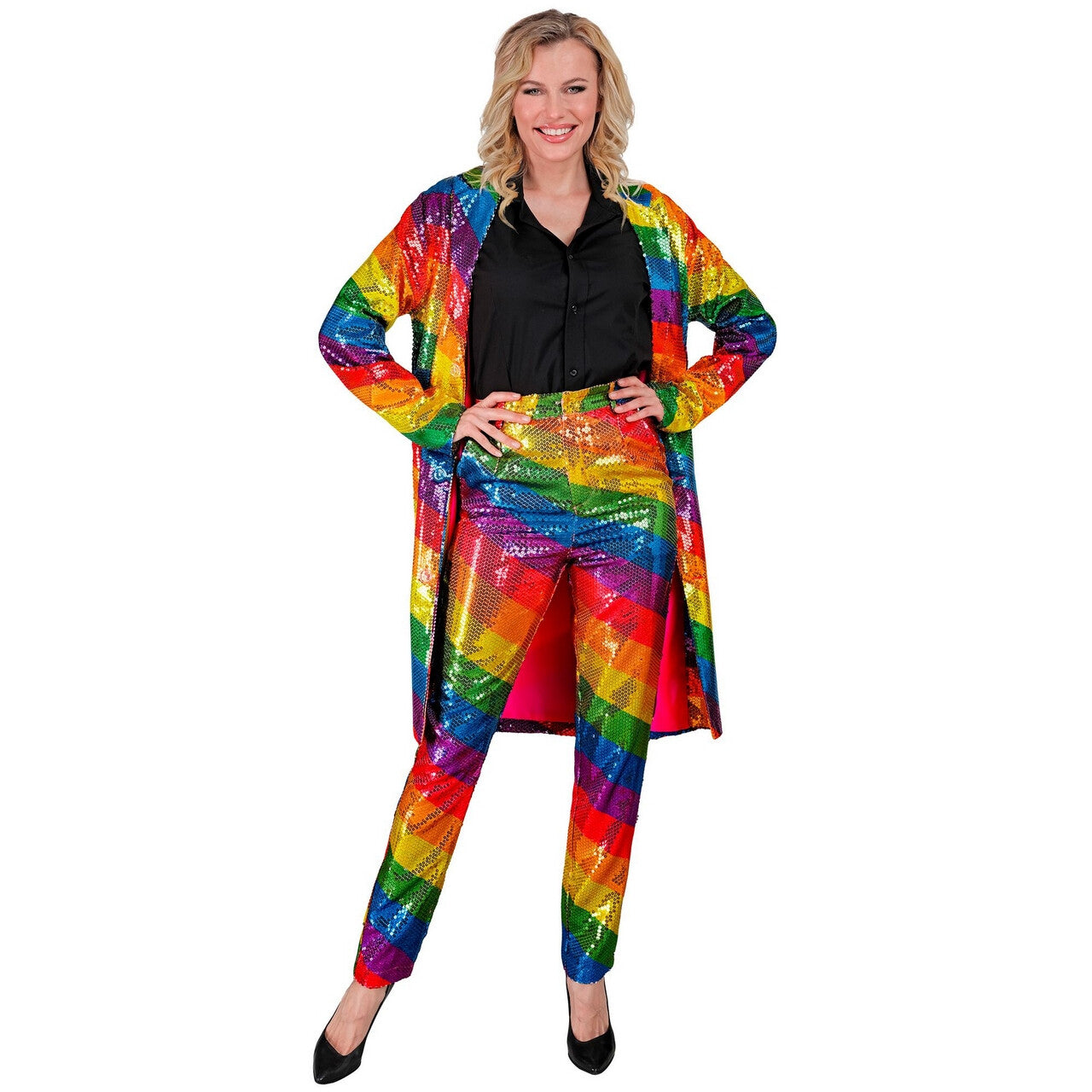 Op deze afbeelding zie je een Kostuums, van het merk Widmann. Pailletten Regenboog Strepen Jas