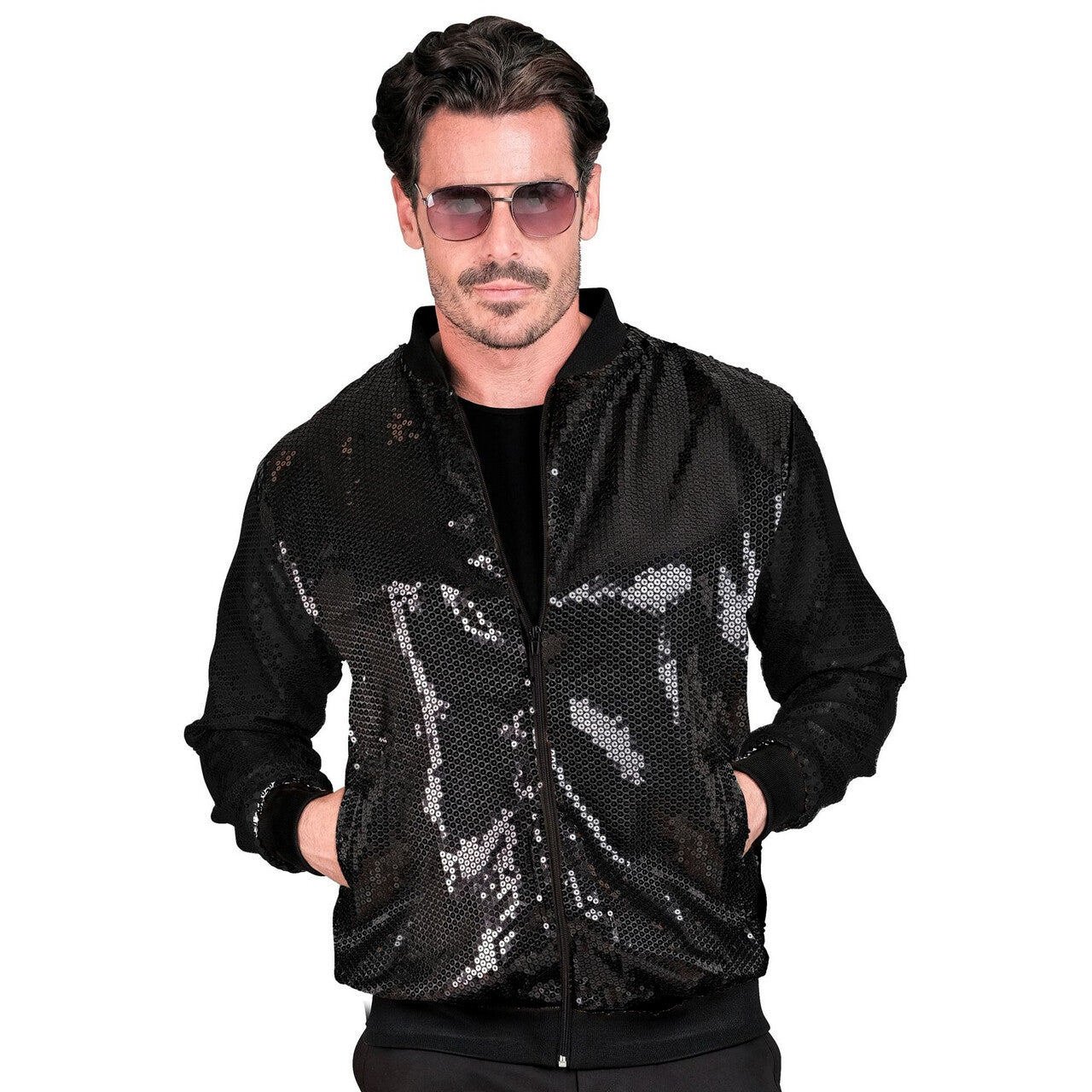 Op deze afbeelding zie je een Kostuums, van het merk Widmann. Bomberjack Pailletten Zwart Black Shimmer