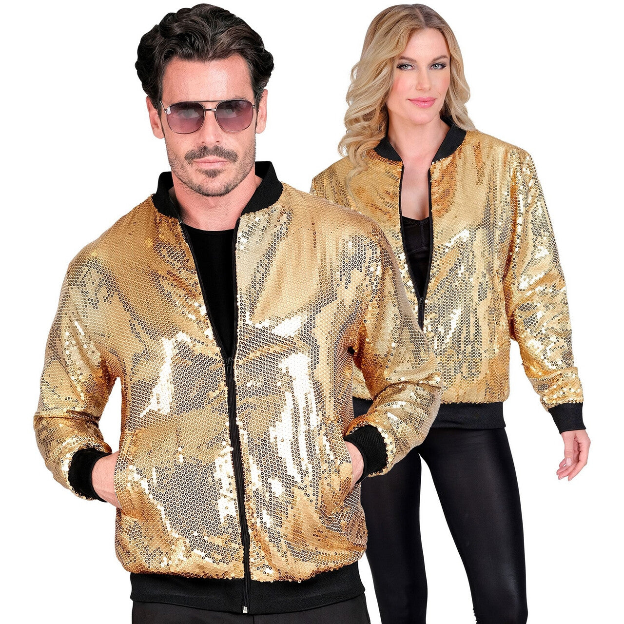 Op deze afbeelding zie je een Kostuums, van het merk Widmann. Bomberjack Pailletten Goud Glits And Glam