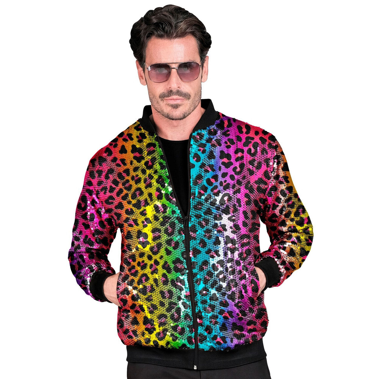Op deze afbeelding zie je een Kostuums, van het merk Widmann. Bomberjack Regenboog Jungle Party Luipaard Jas