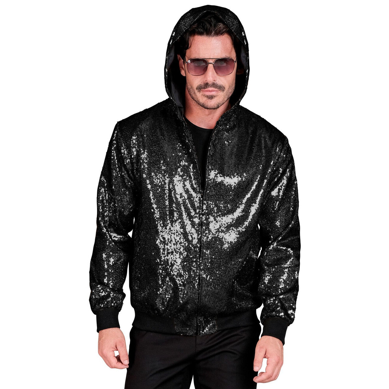 Op deze afbeelding zie je een Kostuums, van het merk Widmann. Zwarte Pailletten Jas Black Sparkle