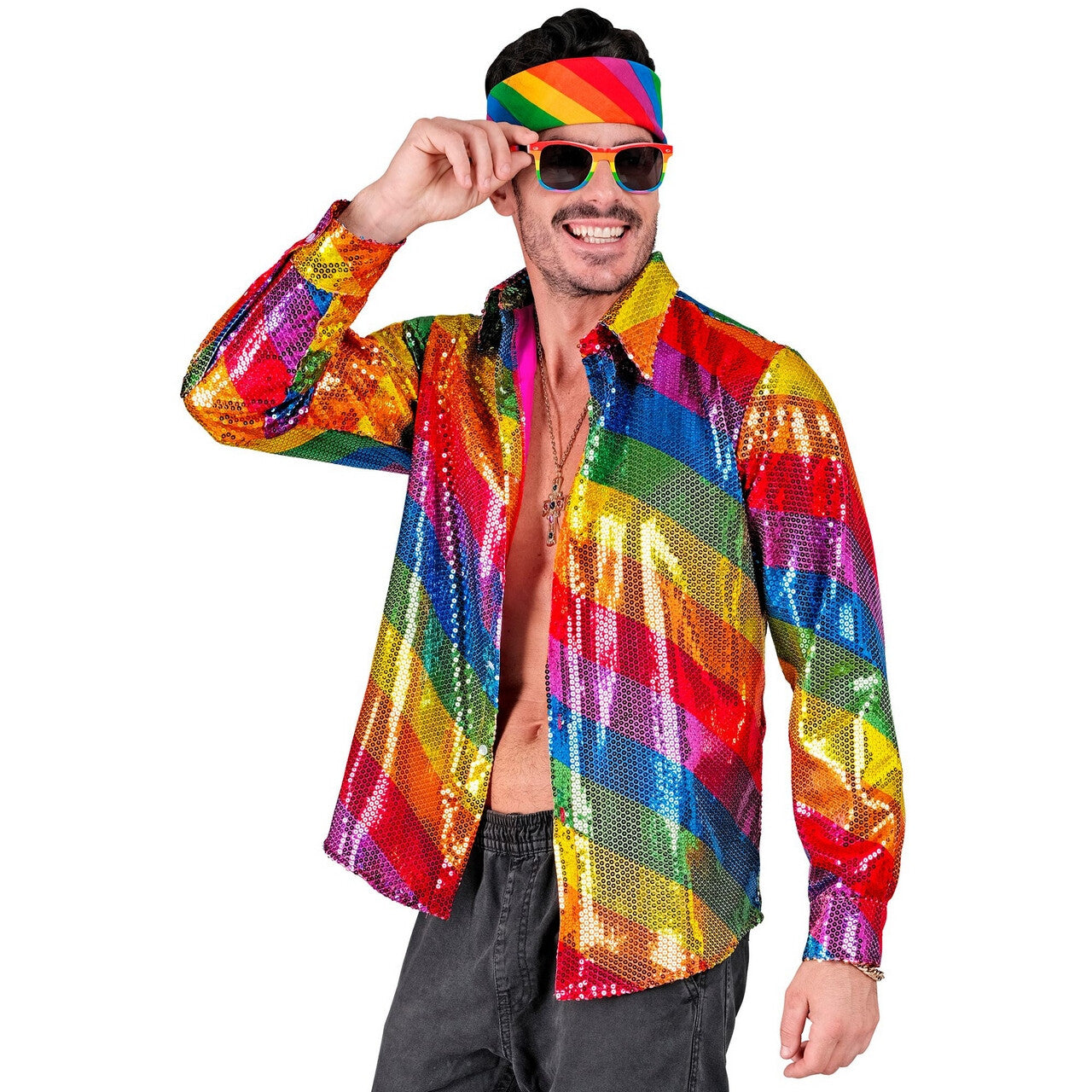 Op deze afbeelding zie je een Kostuums, van het merk Widmann. Rainbow Stripes Pailletten Overhemd Man