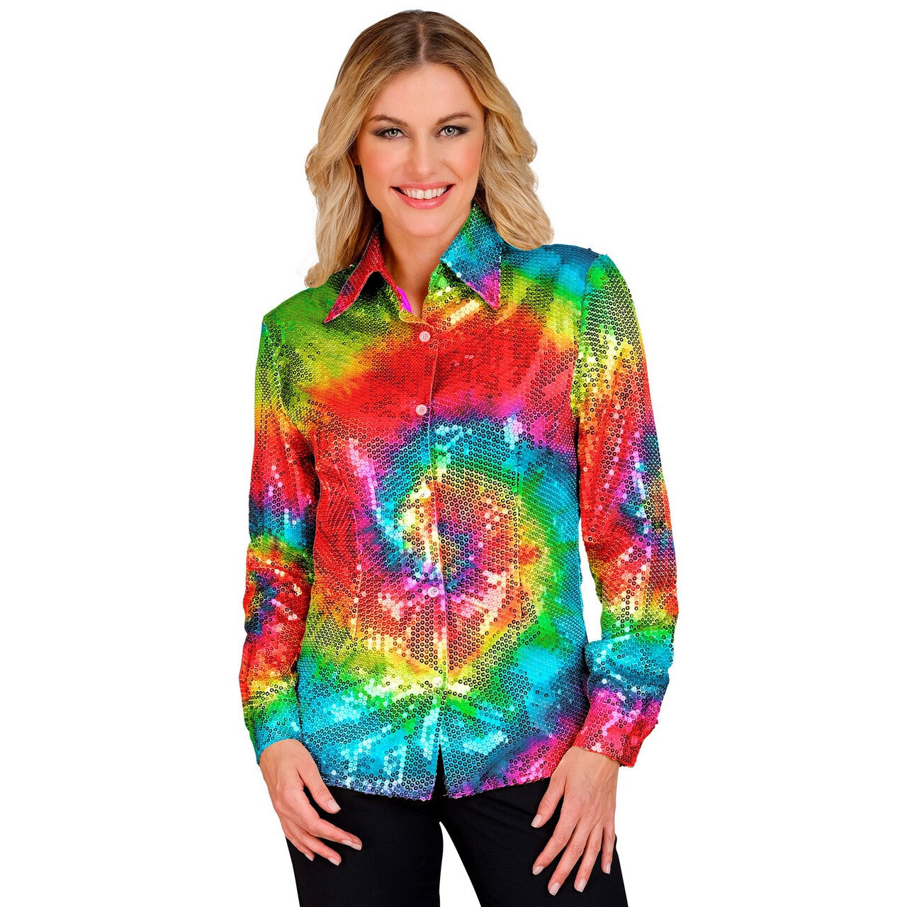 Op deze afbeelding zie je een Kostuums, van het merk Widmann. Pailletten Blouse Circle Of Colour Hippie Vrouw