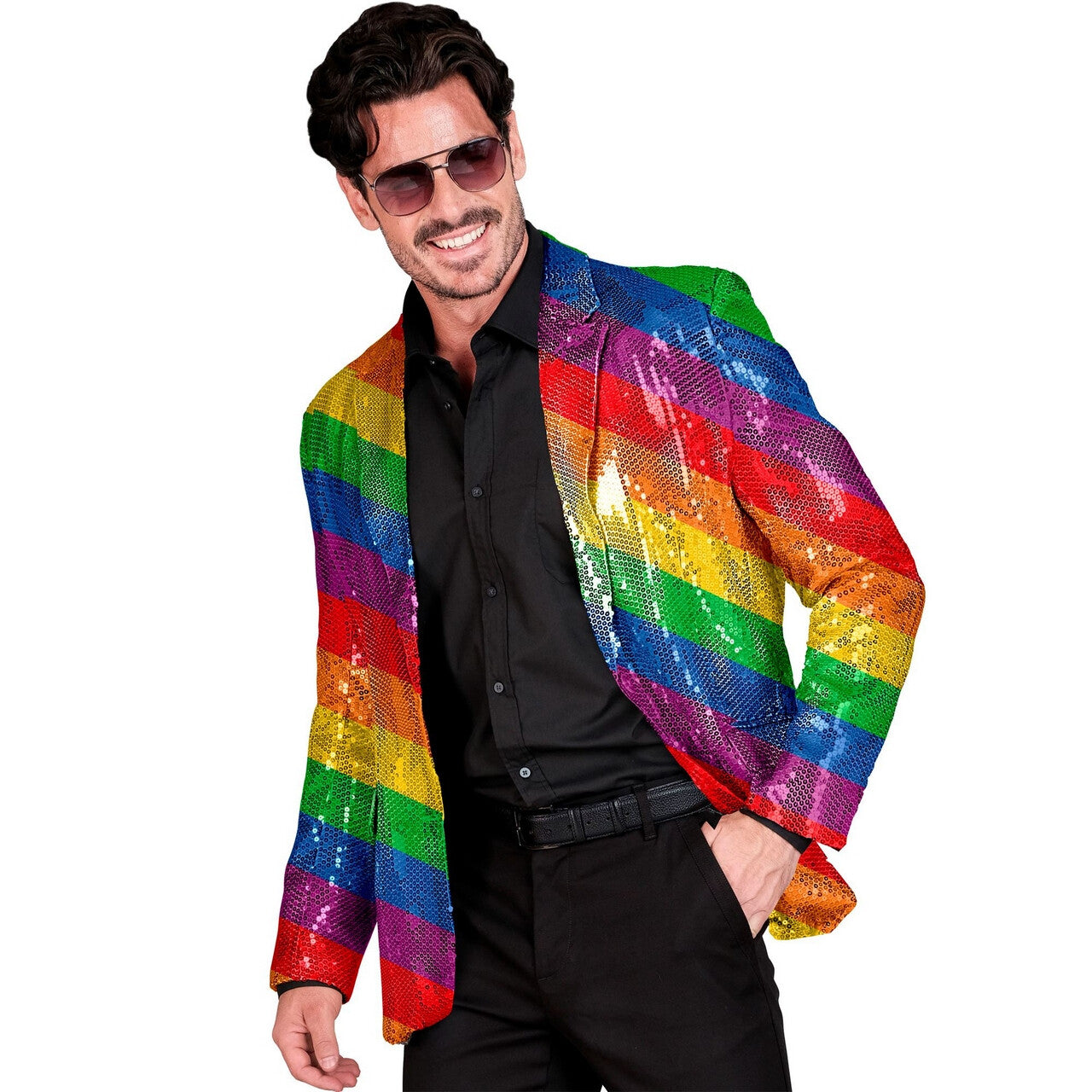 Op deze afbeelding zie je een Kostuums, van het merk Widmann. Pailletten Regenboogstrepen Feest Colbert Man