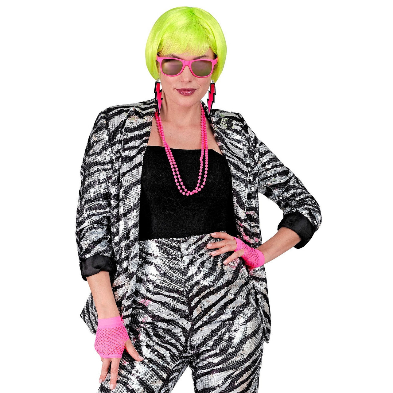 Op deze afbeelding zie je een Kostuums, van het merk Widmann. Pailletten Blazer Zebra Zilver Glamour Vrouw Kostuum
