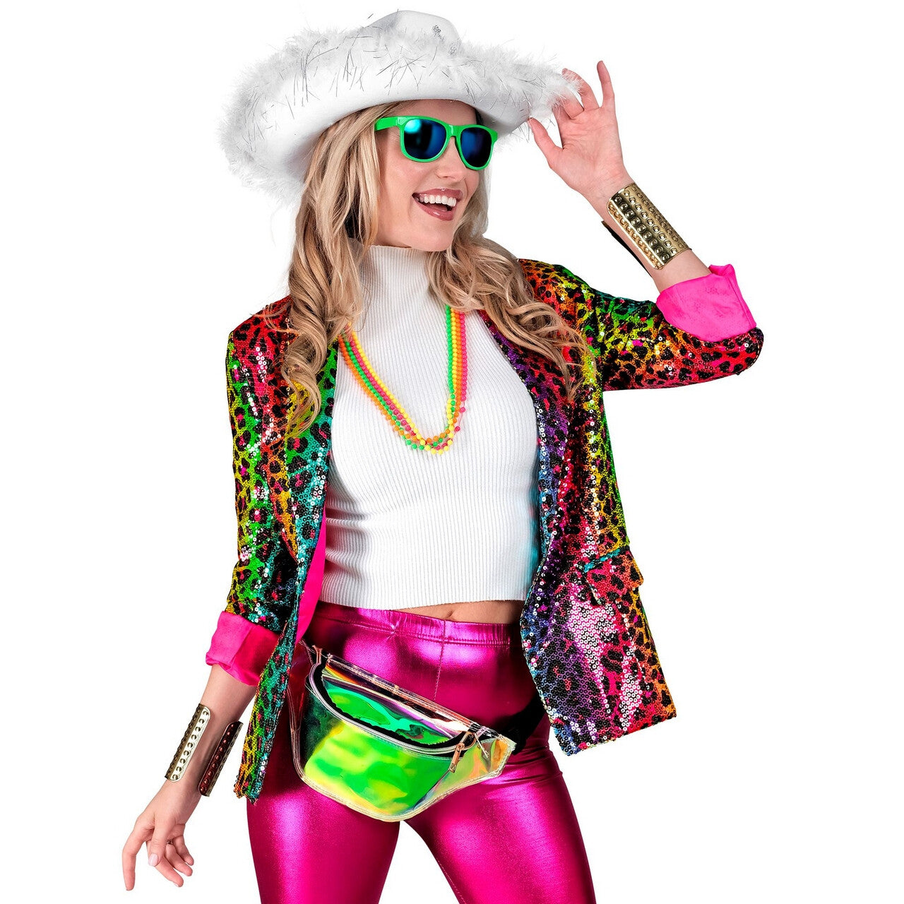 Op deze afbeelding zie je een Kostuums, van het merk Widmann. Pailletten Blazer Regenboog Jungle Fun Vrouw