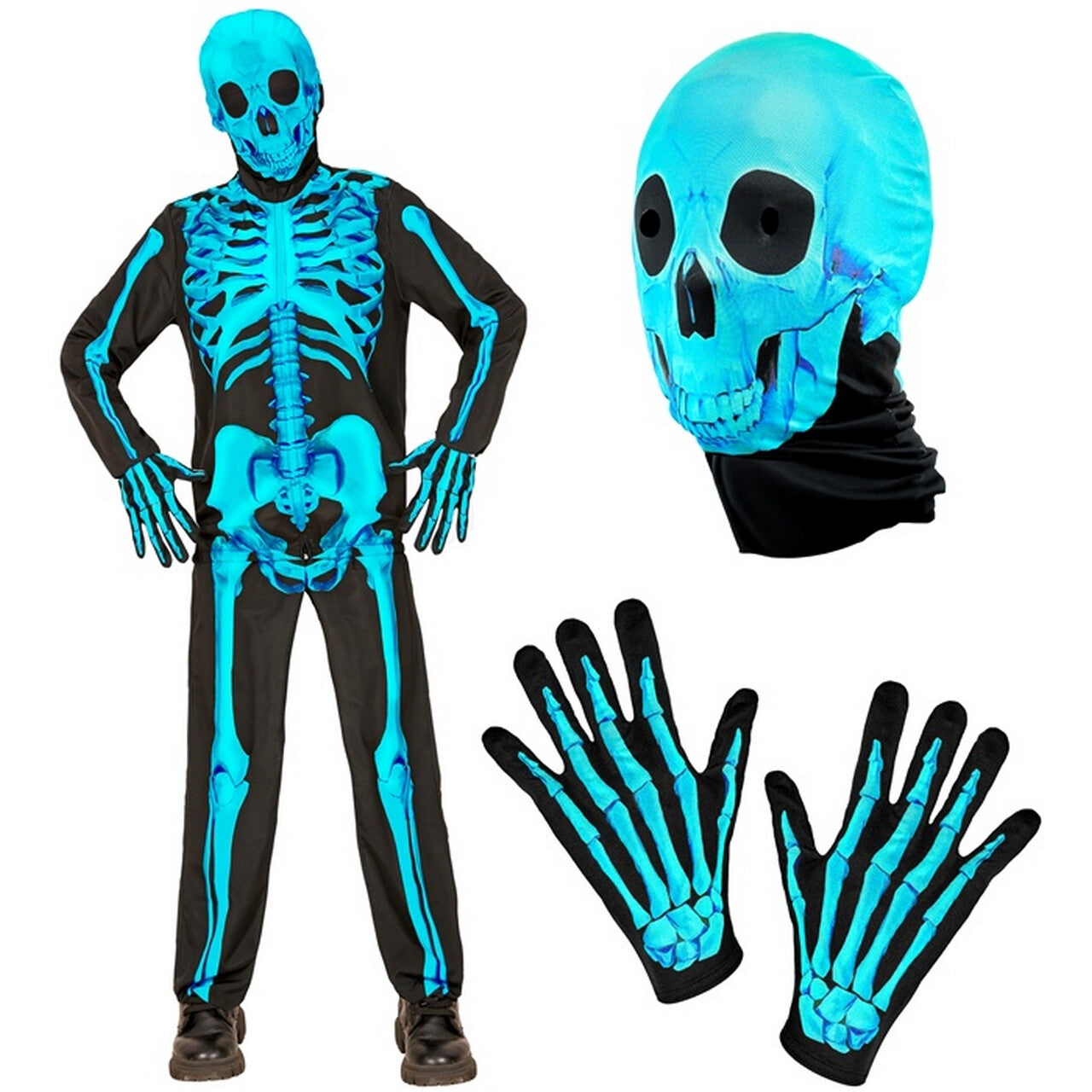 Op deze afbeelding zie je een Kostuums, van het merk Widmann. Neon Blauwe Skelet Kind Kostuum