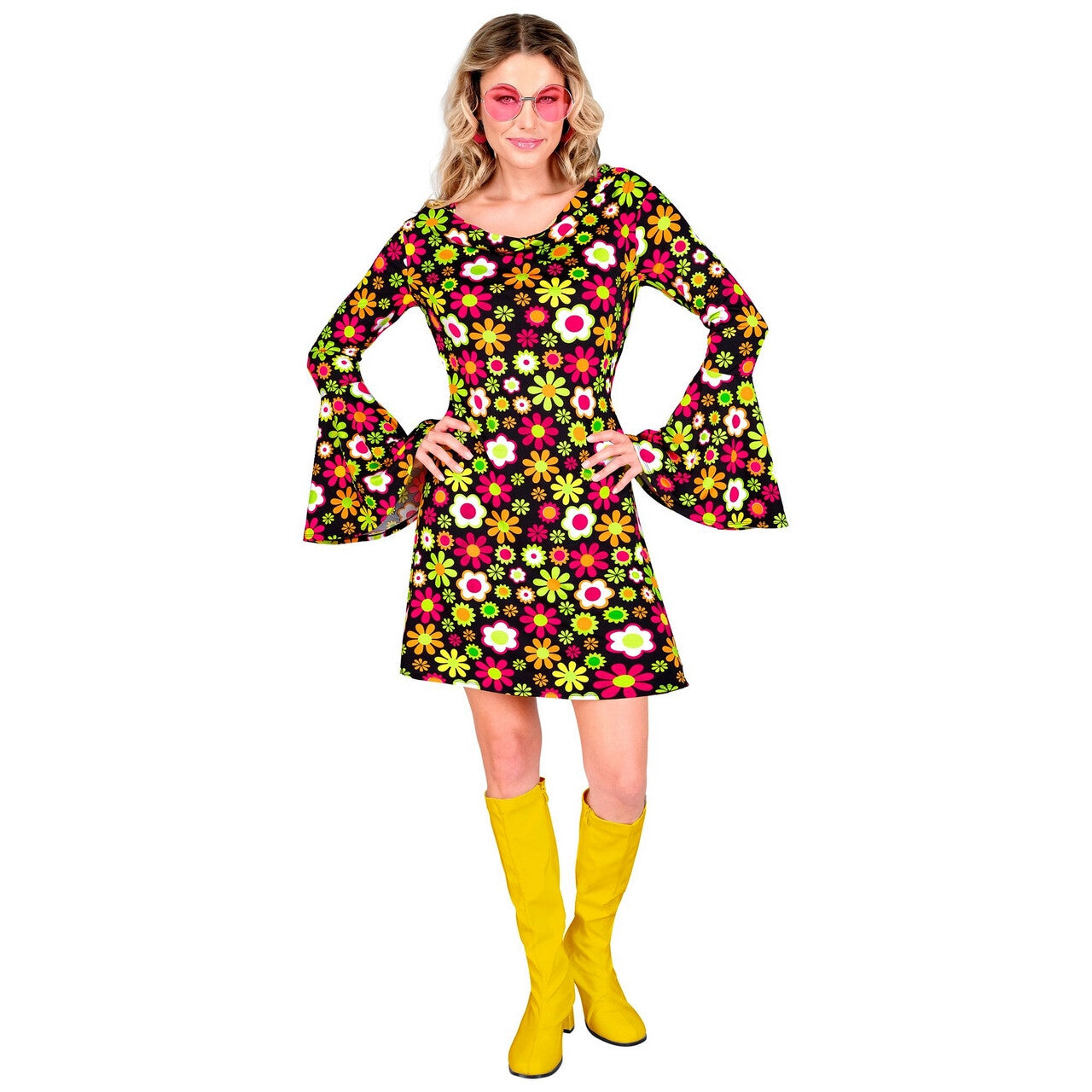 Op deze afbeelding zie je een Kostuums, van het merk Widmann. Super 60s Flower Dance Jurk Vrouw