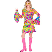 Op deze afbeelding zie je een Kostuums, van het merk Widmann. Super 60s Peace And Love Jurk Vrouw