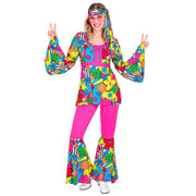 Op deze afbeelding zie je een Kostuums, van het merk Widmann. Happy Flower Hippie Jaren 60 Style Vrouw Kostuum