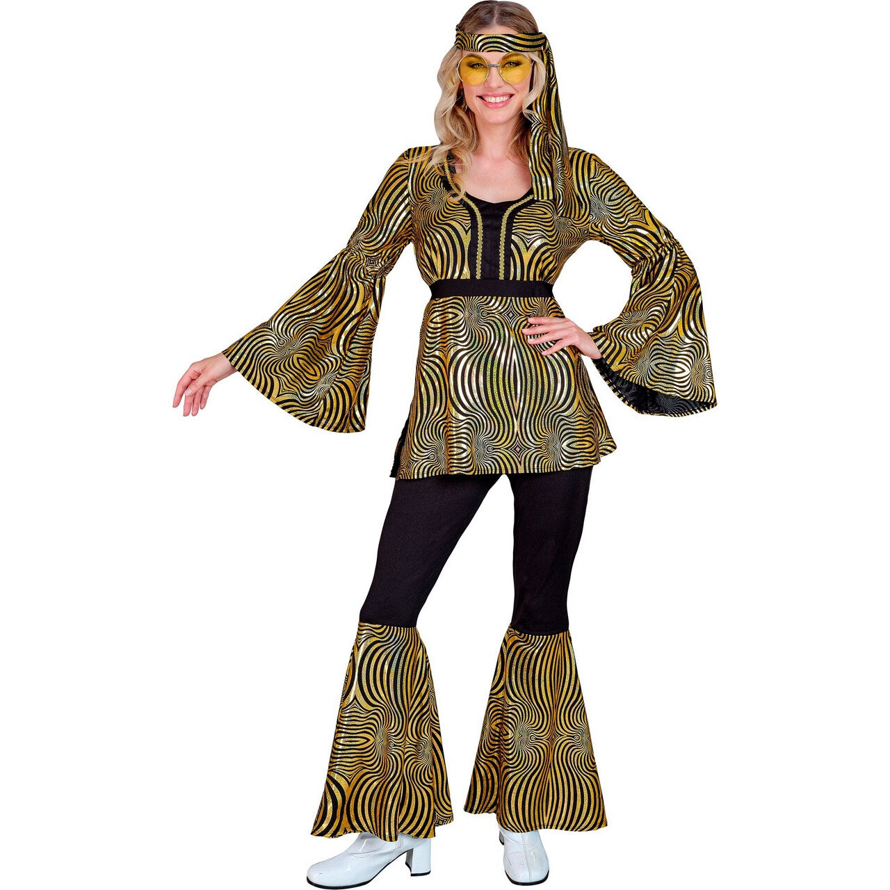 Op deze afbeelding zie je een Kostuums, van het merk Widmann. Dazzling Gold Groove Jaren 70 Style Vrouw Kostuum