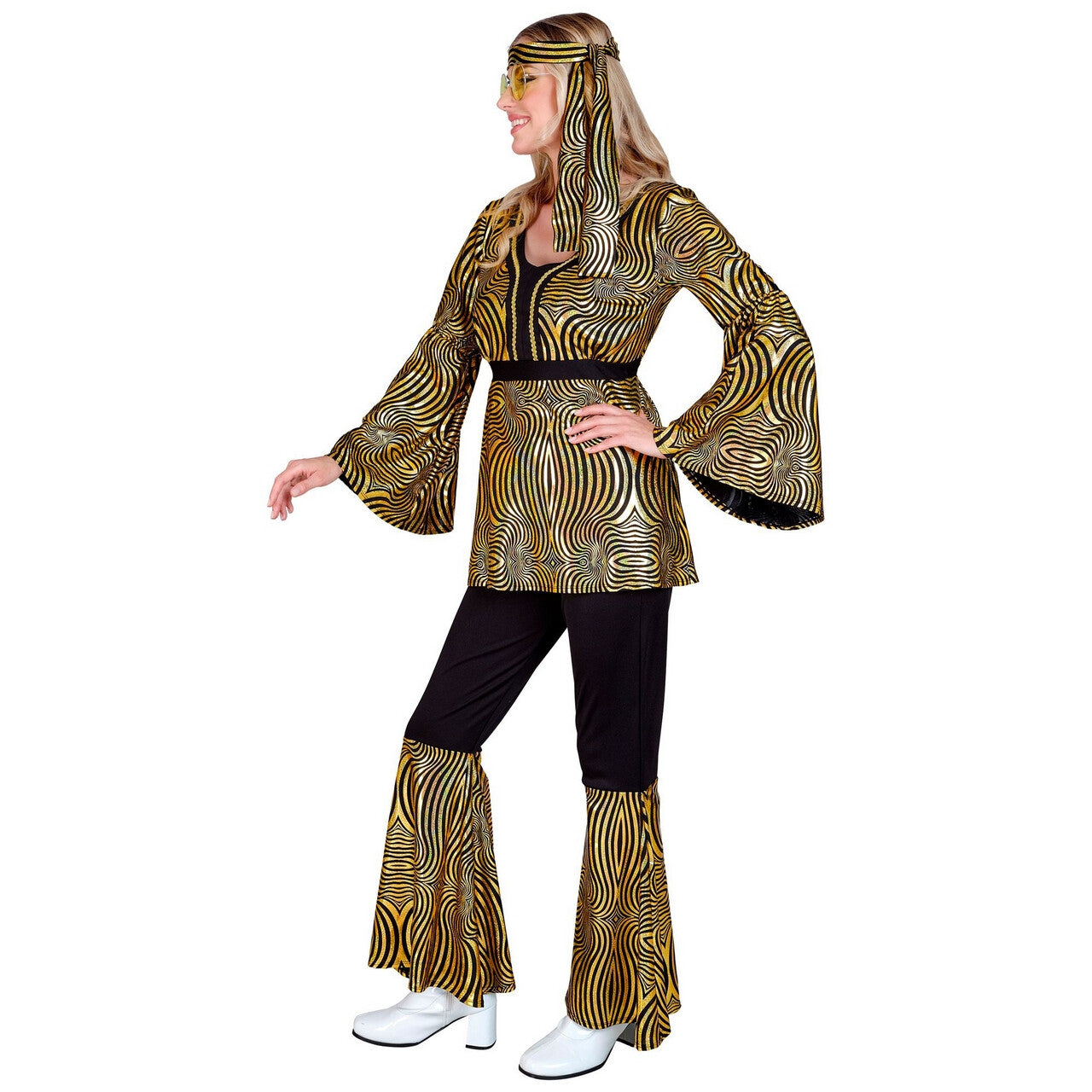 Op deze afbeelding zie je een Kostuums, van het merk Widmann. Dazzling Gold Groove Jaren 70 Style Vrouw Kostuum