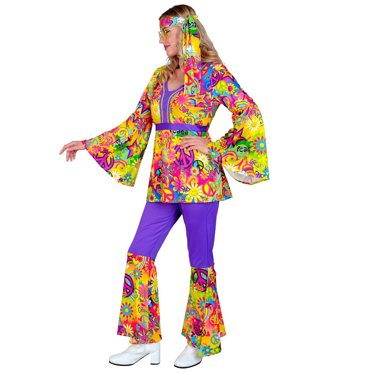 Op deze afbeelding zie je een Kostuums, van het merk Widmann. Groovy Peace And Love Hippie Jaren 60 Style Vrouw Kostuum