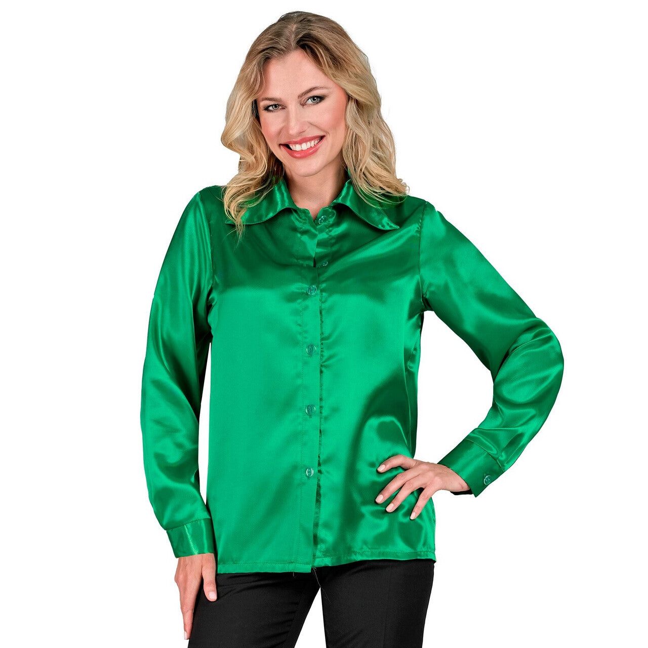 Op deze afbeelding zie je een Kostuums, van het merk Widmann. Jaren 70 Blouse Satijn Groen Vrouw