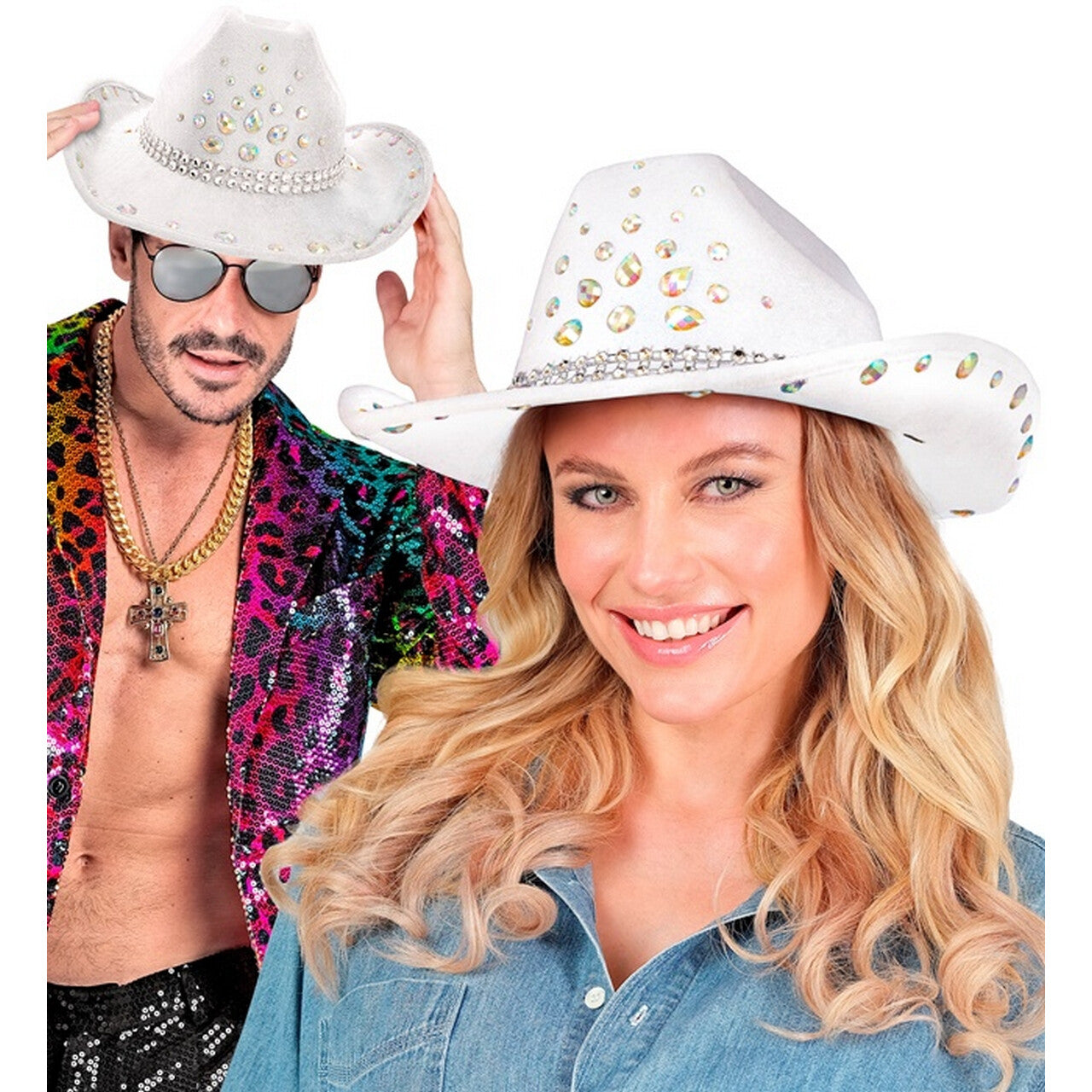 Op deze afbeelding zie je een Accessoires, van het merk Widmann. Cowboy Hoed Carter Wit Met Diamanten