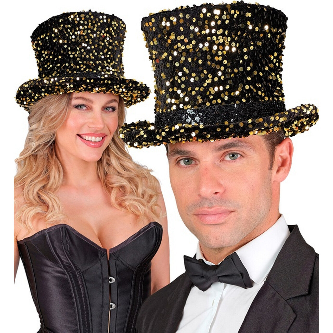 Op deze afbeelding zie je een Accessoires, van het merk Widmann. Hoge Hoed Midnight Pailletten Glam Goud