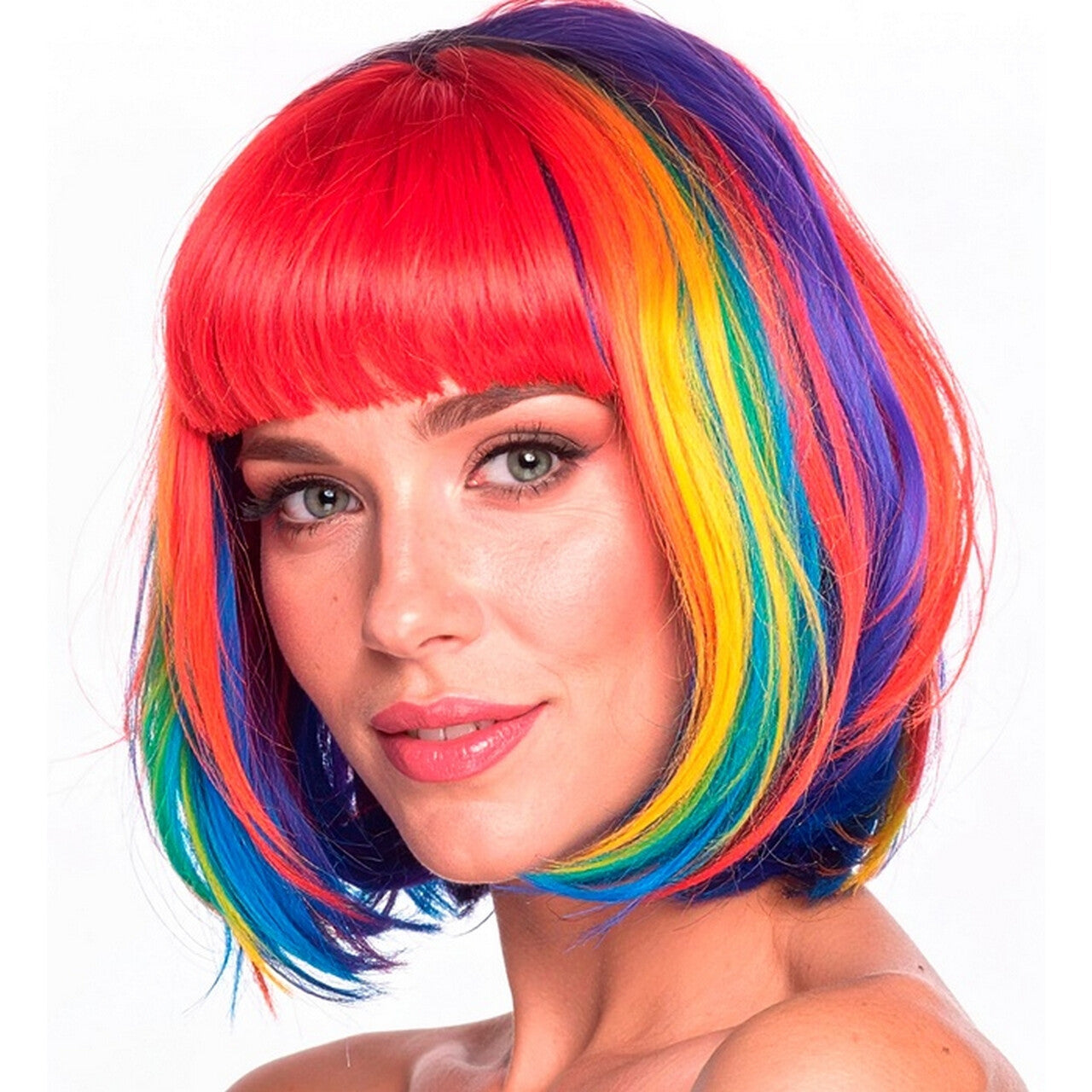 Op deze afbeelding zie je een Accessoires, van het merk Widmann. Pruik Fantasy Bobline Rainbow Beauty