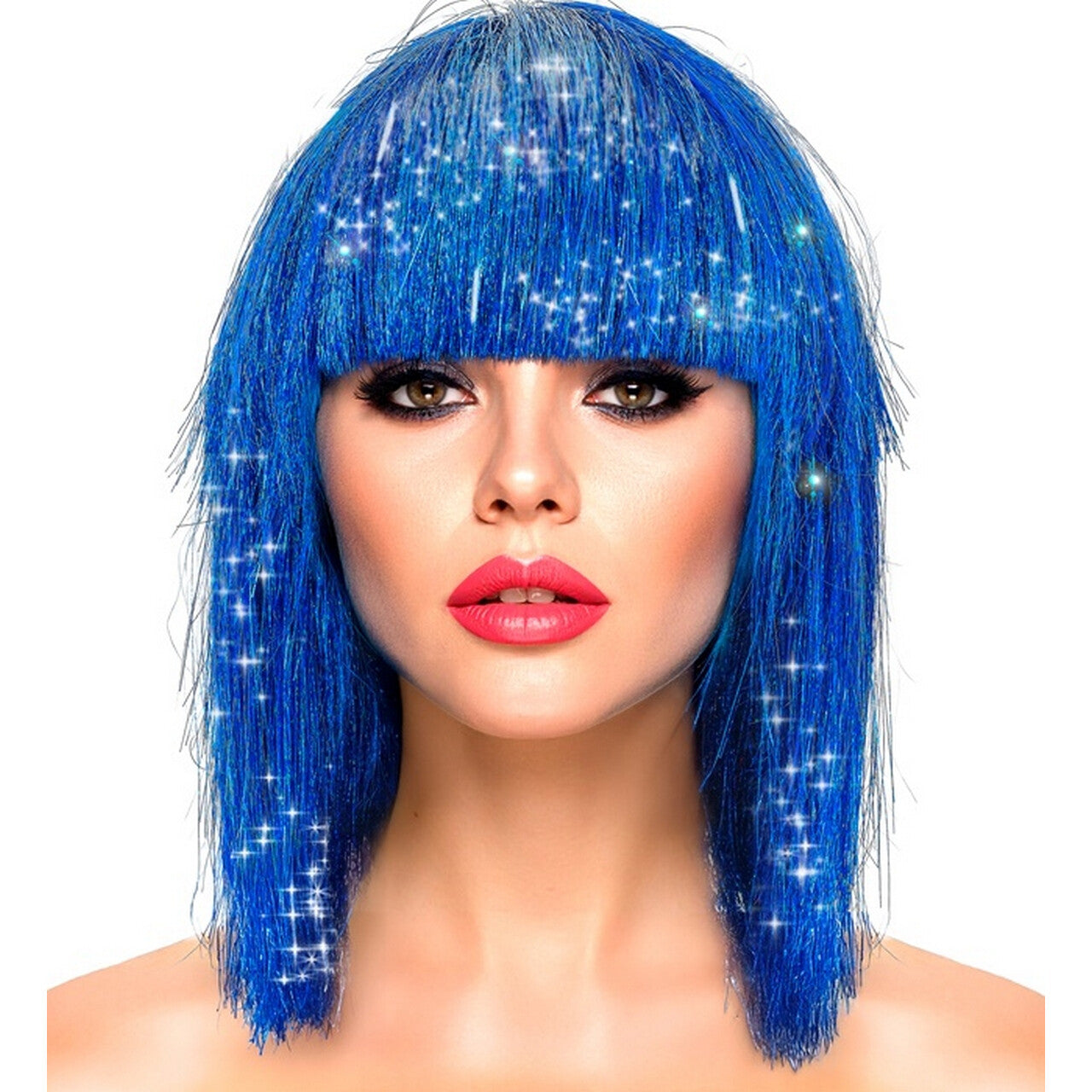 Op deze afbeelding zie je een Accessoires, van het merk Widmann. Blitse Blauwe Disco Pruik Lange Bob