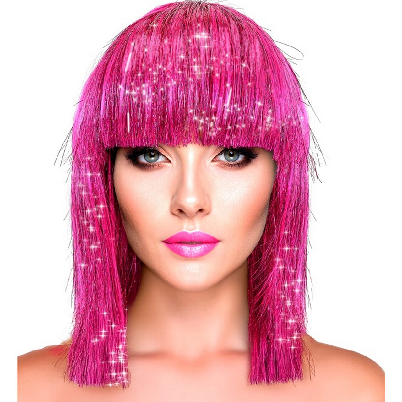 Op deze afbeelding zie je een Accessoires, van het merk Widmann. Blitse Felroze Disco Pruik Lange Bob