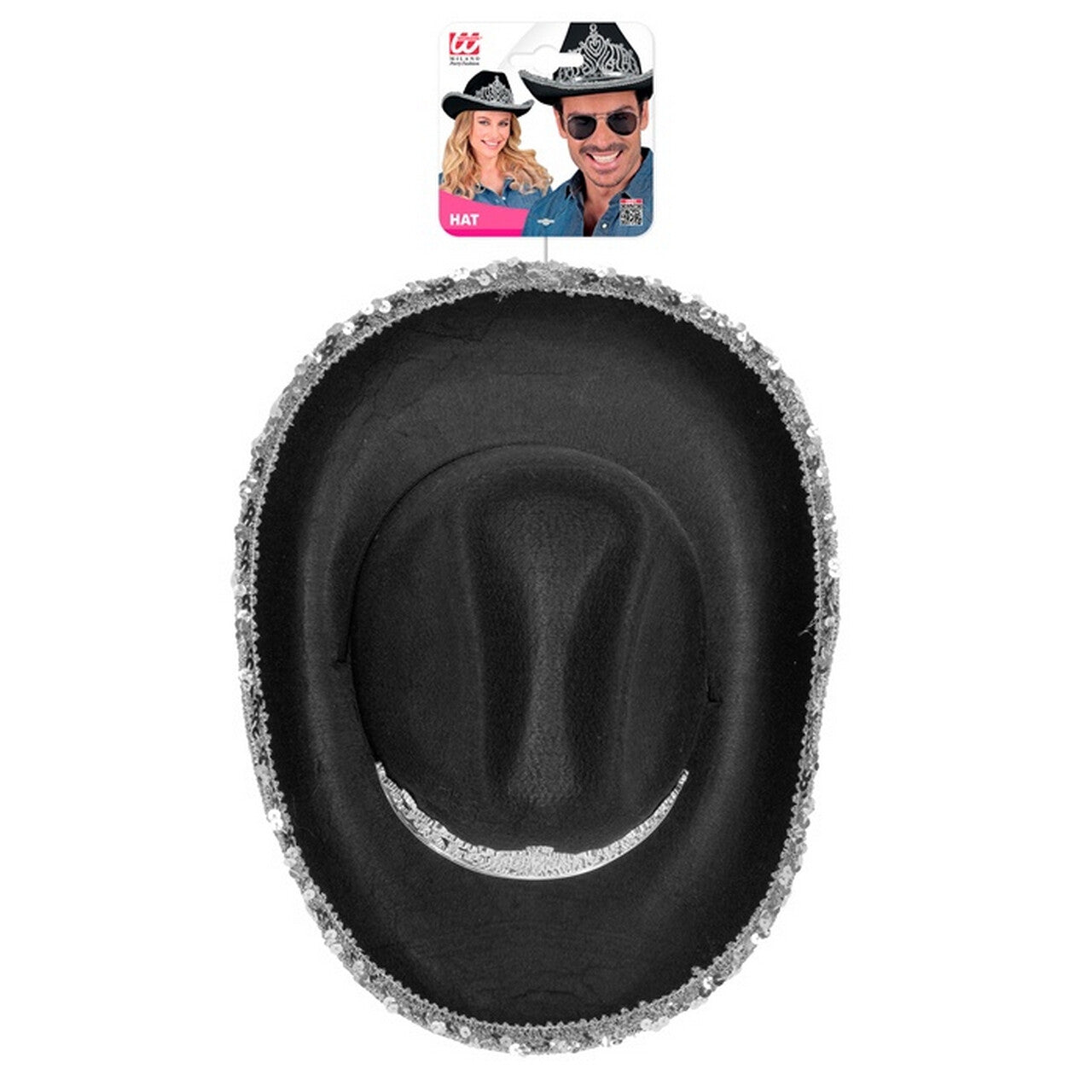 Op deze afbeelding zie je een Accessoires, van het merk Widmann. Glam Cowboy Hoed Zwart Met Zilver