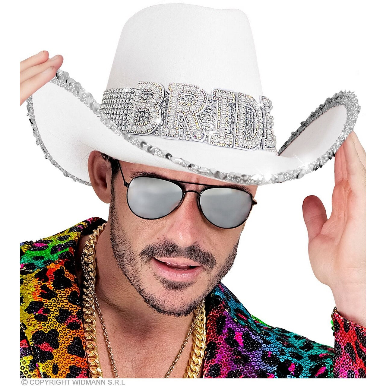 Op deze afbeelding zie je een Accessoires, van het merk Widmann. Cowboyhoed Wit Bride Met Pailletten