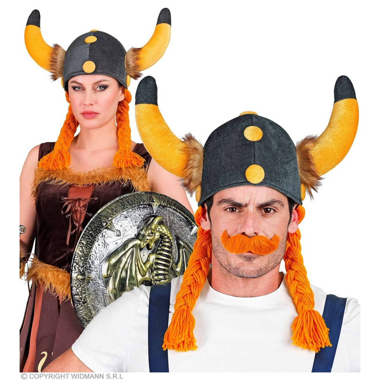 Op deze afbeelding zie je een Accessoires, van het merk Widmann. Viking Helm Met Oranje Vlechten