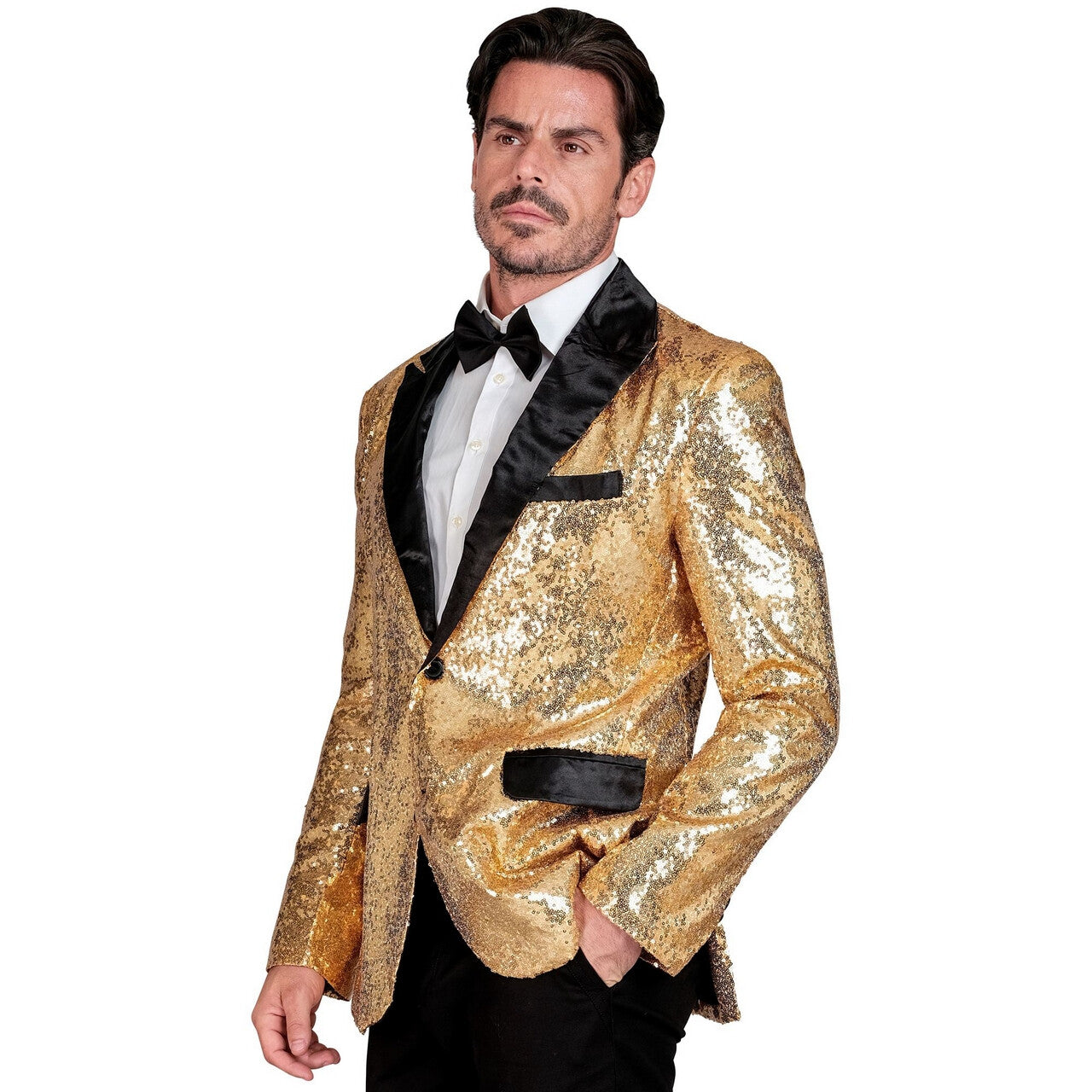 Op deze afbeelding zie je een Kostuums, van het merk Widmann. Showmaster Golden Glam Pailletten Colbert Man