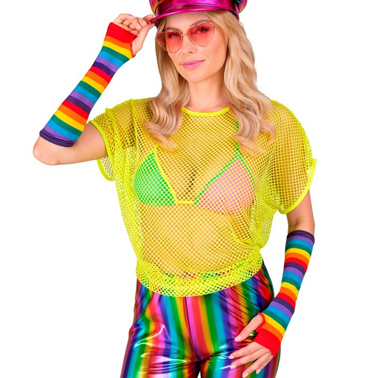 Op deze afbeelding zie je een Accessoires, van het merk Widmann. Vingerloze Lange Handschoenen Rainbow Stripes