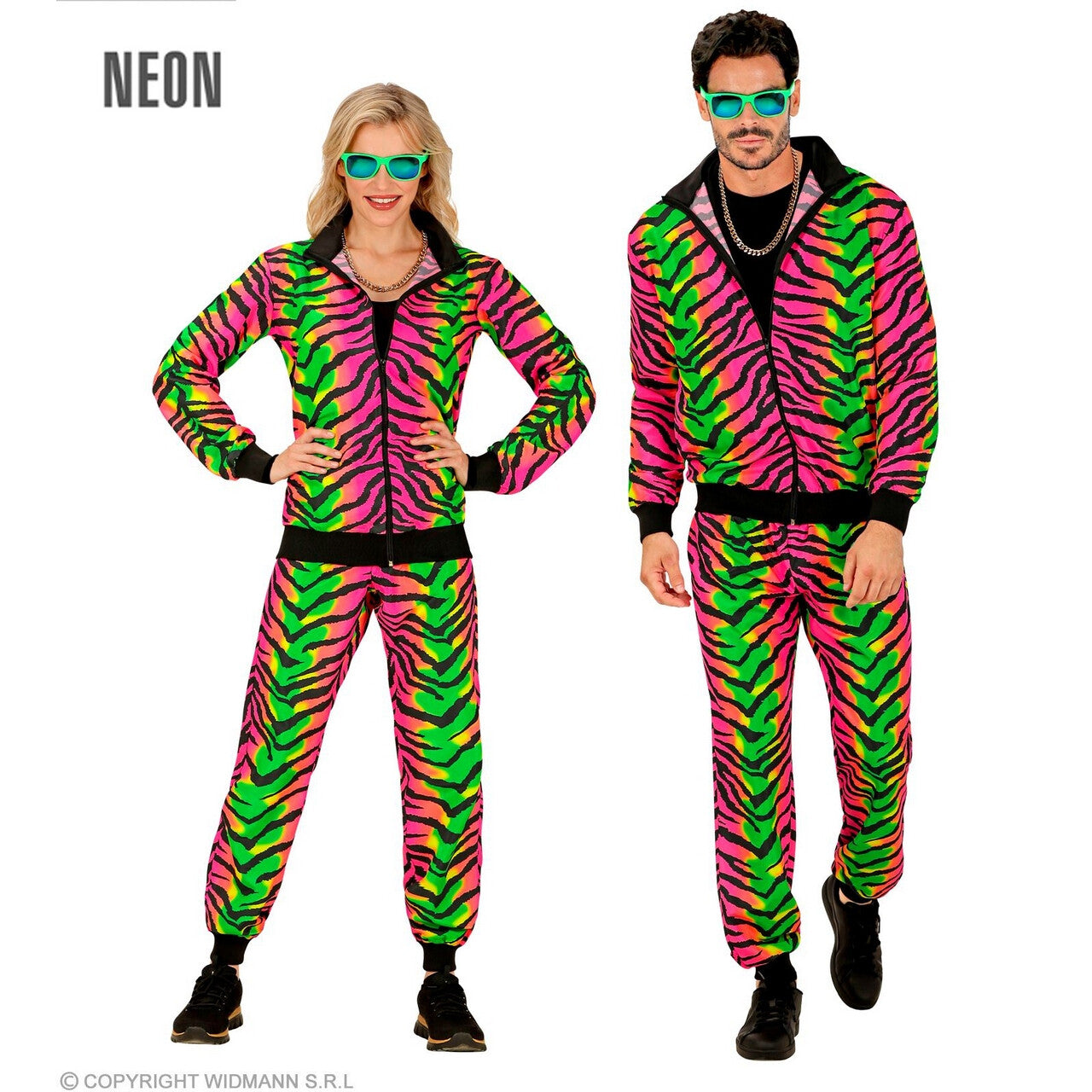 Op deze afbeelding zie je een Kostuums, van het merk Widmann. Neon Raving Tiger Trainingspak Kostuum