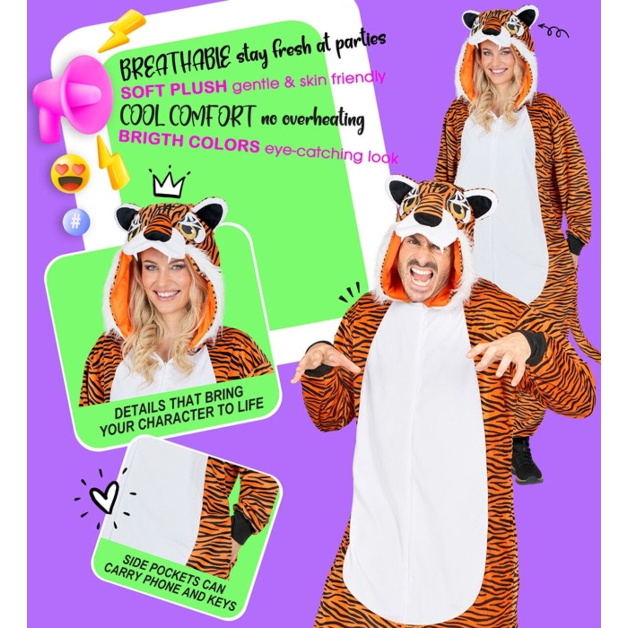 Op deze afbeelding zie je een Kostuums, van het merk Widmann. Comfort Tijger Onesie Kostuum