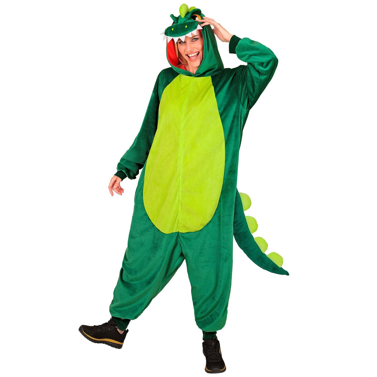 Op deze afbeelding zie je een Kostuums, van het merk Widmann. Ongevaarlijke Dino Onesie Kostuum