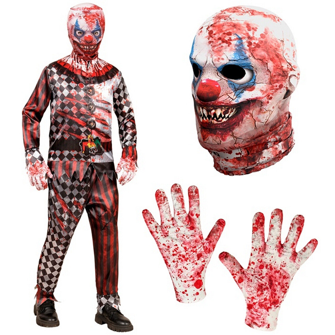 Op deze afbeelding zie je een Kostuums, van het merk Widmann. Bloederige Evil Joker Jongen Kostuum