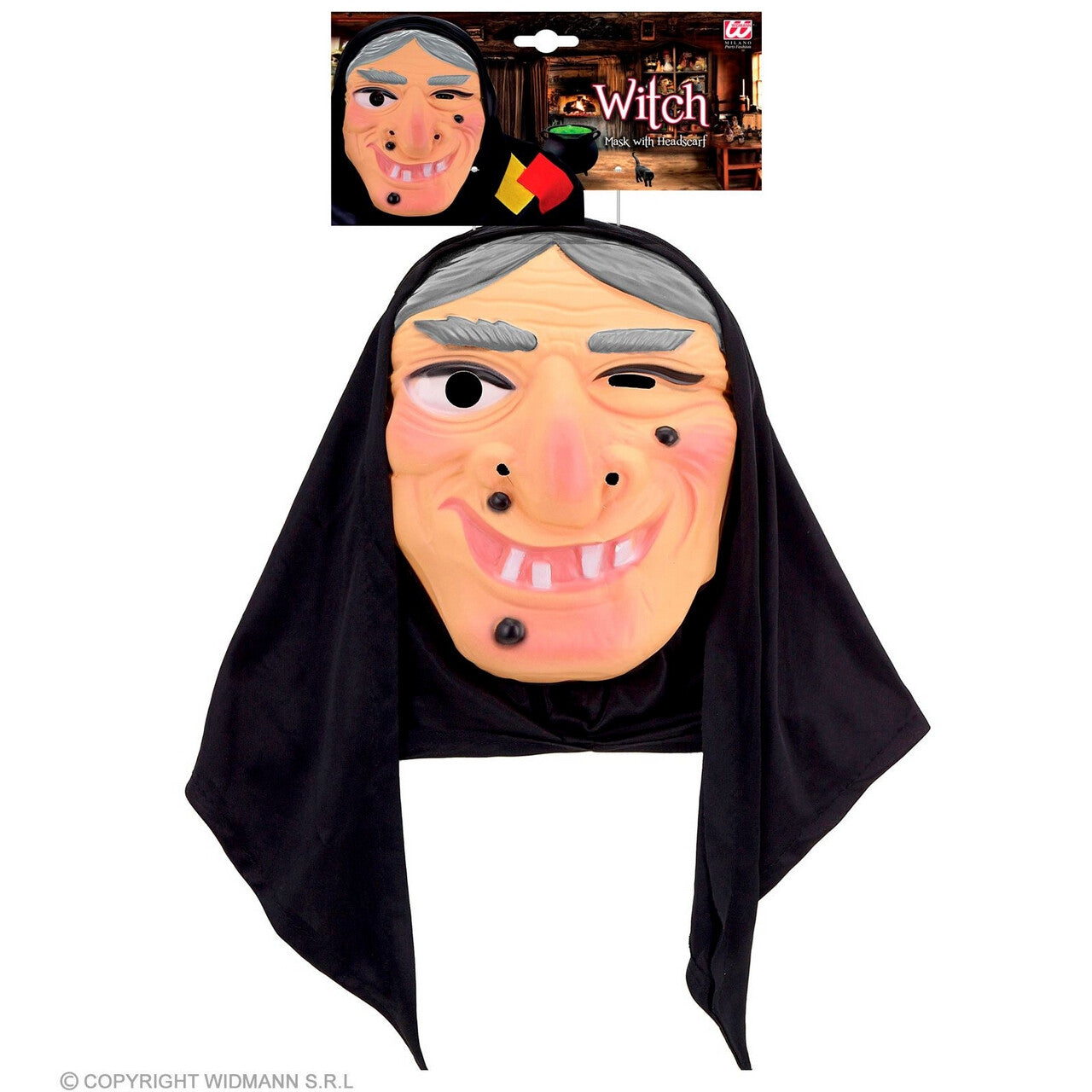 Op deze afbeelding zie je een Accessoires, van het merk Widmann. Ouwe Heks Zwartwrat Masker Met Hoofddoek