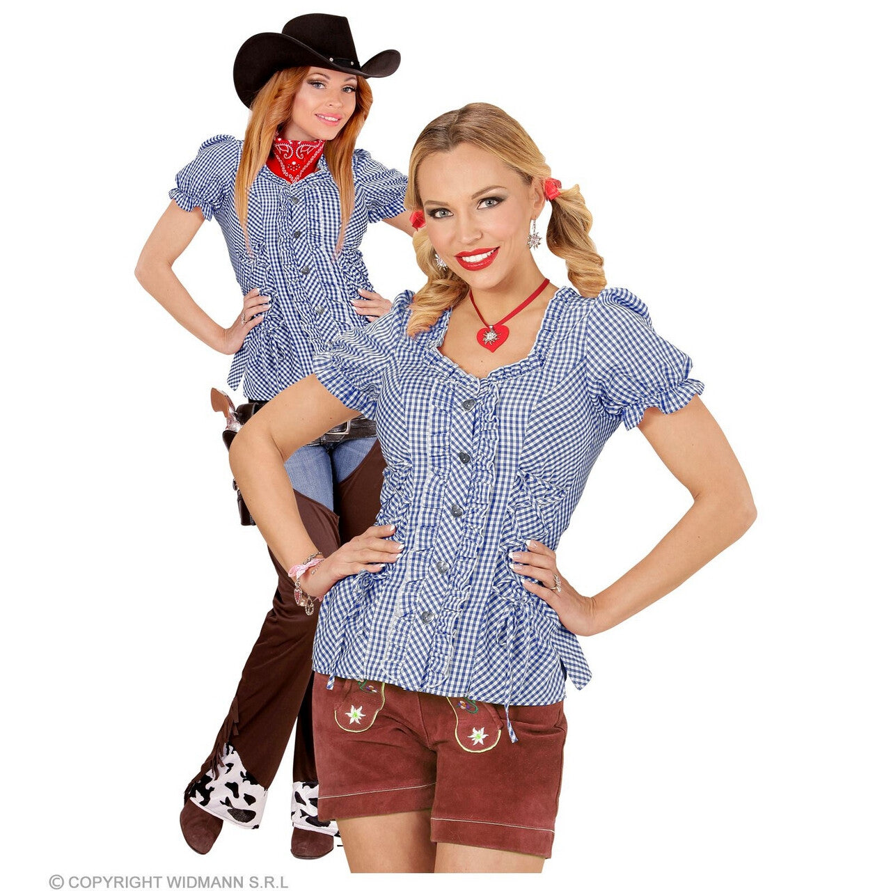 Op deze afbeelding zie je een Kostuums, van het merk Widmann. Geblokte Blouse Blauw / Wit Cowboy Tirol Vrouw