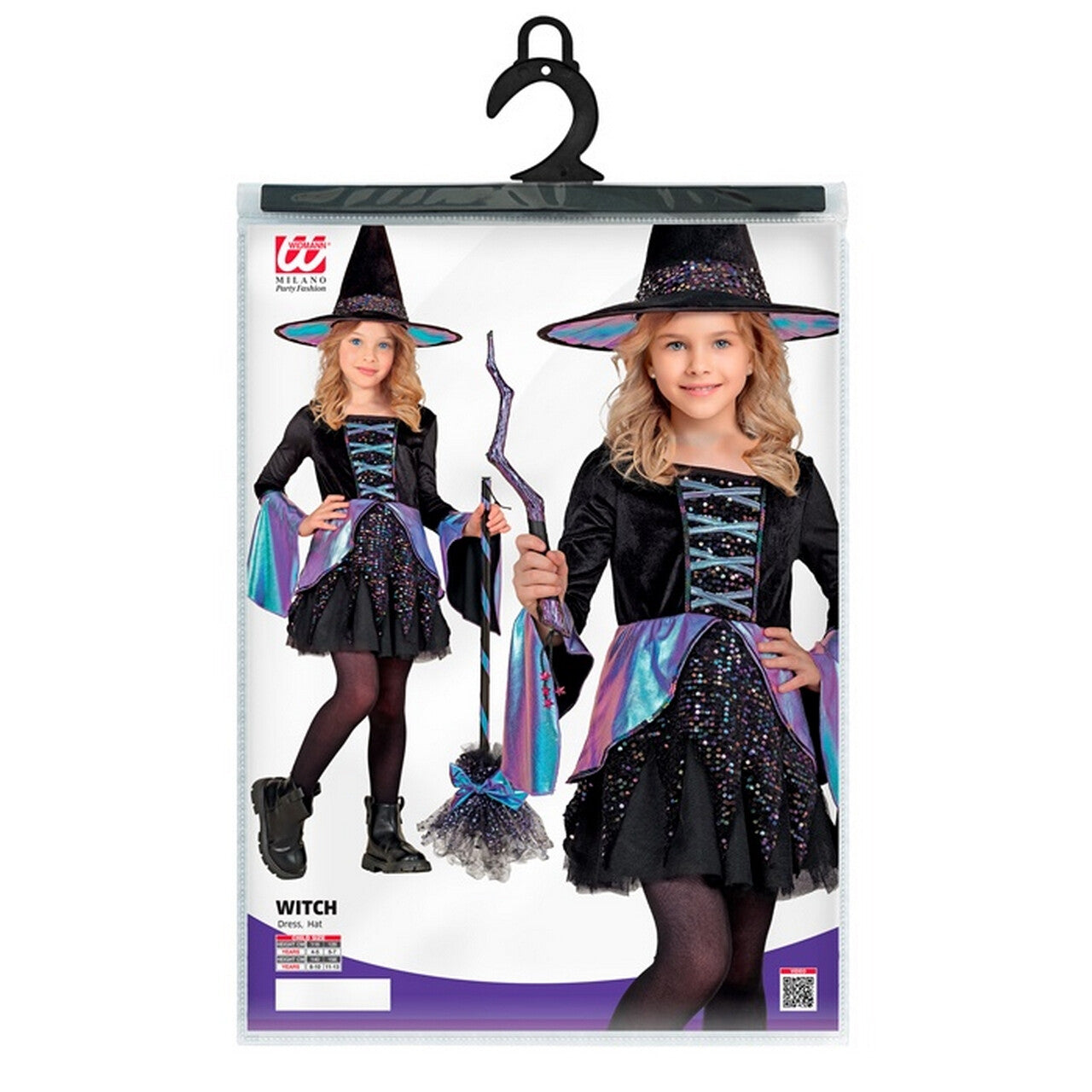 Op deze afbeelding zie je een Kostuums, van het merk Widmann. Heks Midnight Petunia Meisje Kostuum