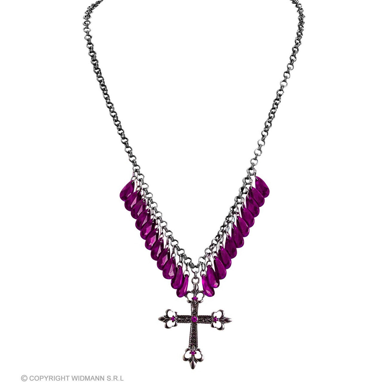 Op deze afbeelding zie je een Accessoires, van het merk Widmann. Paarse Steentjes Met Kruis Ketting