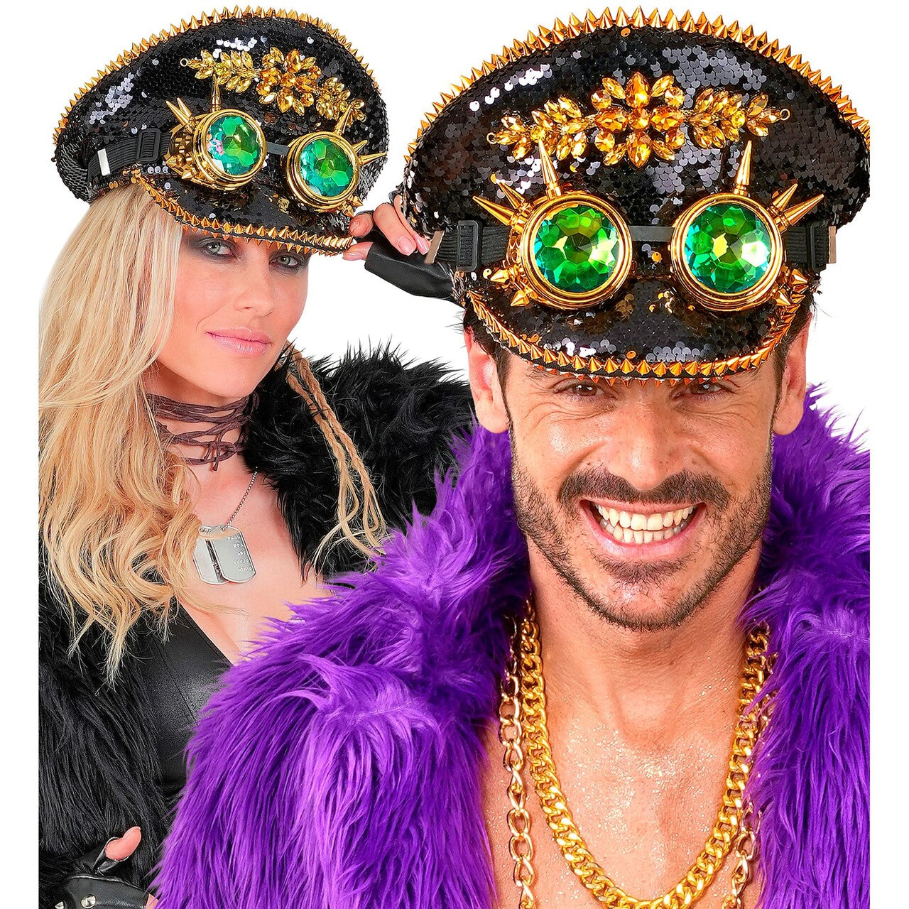 Op deze afbeelding zie je een Accessoires, van het merk Widmann. Zwarte Futuristische Pailletten Pet Met Bril Burning Man