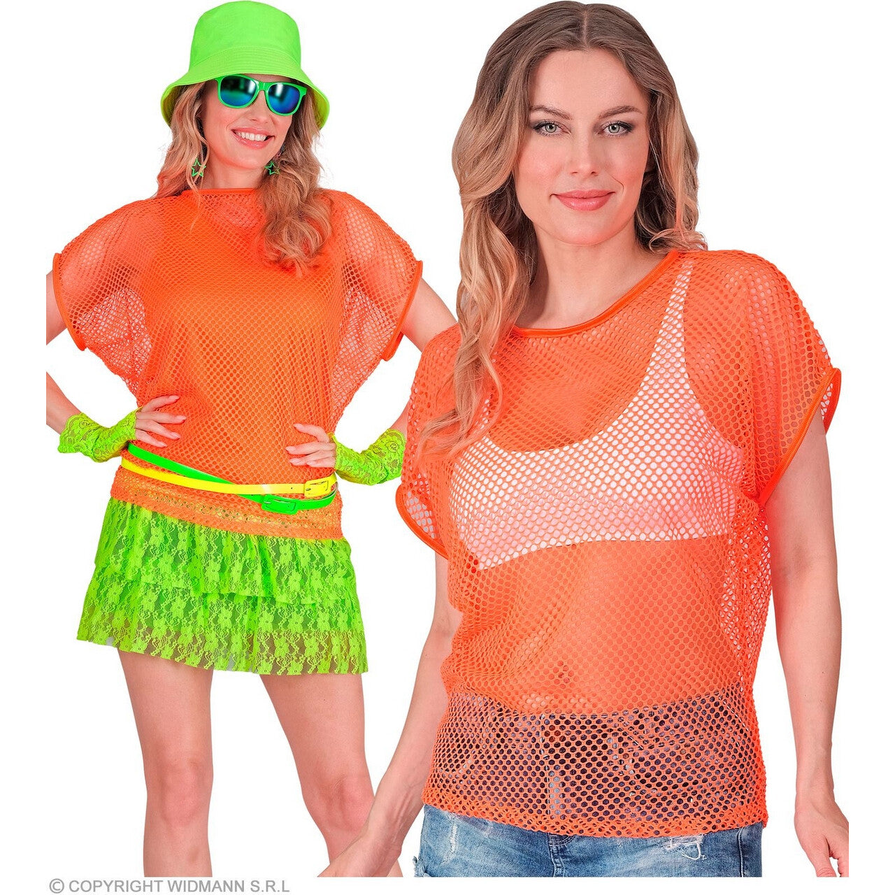 Op deze afbeelding zie je een Kostuums, van het merk Widmann. Visnet T-Shirt Neon Oranje Vrouw