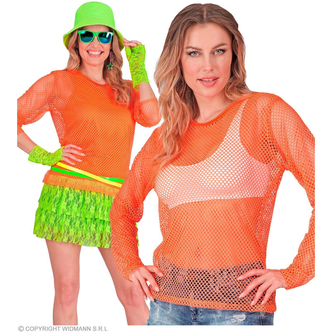 Op deze afbeelding zie je een Kostuums, van het merk Widmann. Visnet Shirt Neon Oranje Vrouw