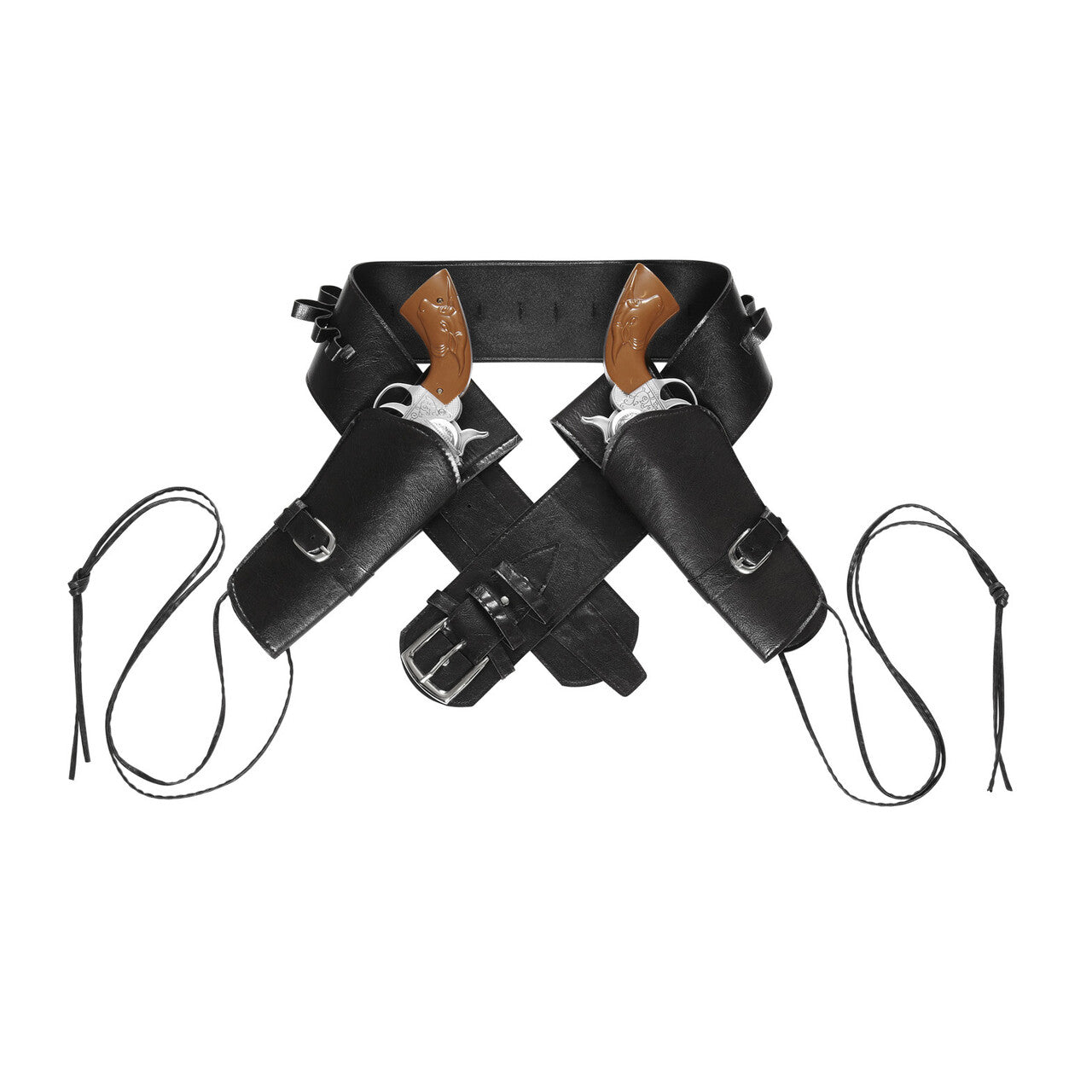 Op deze afbeelding zie je een Accessoires, van het merk Widmann. Saloon Shooter Western Dubbel Holster Met Riem Lederlook , Zwart