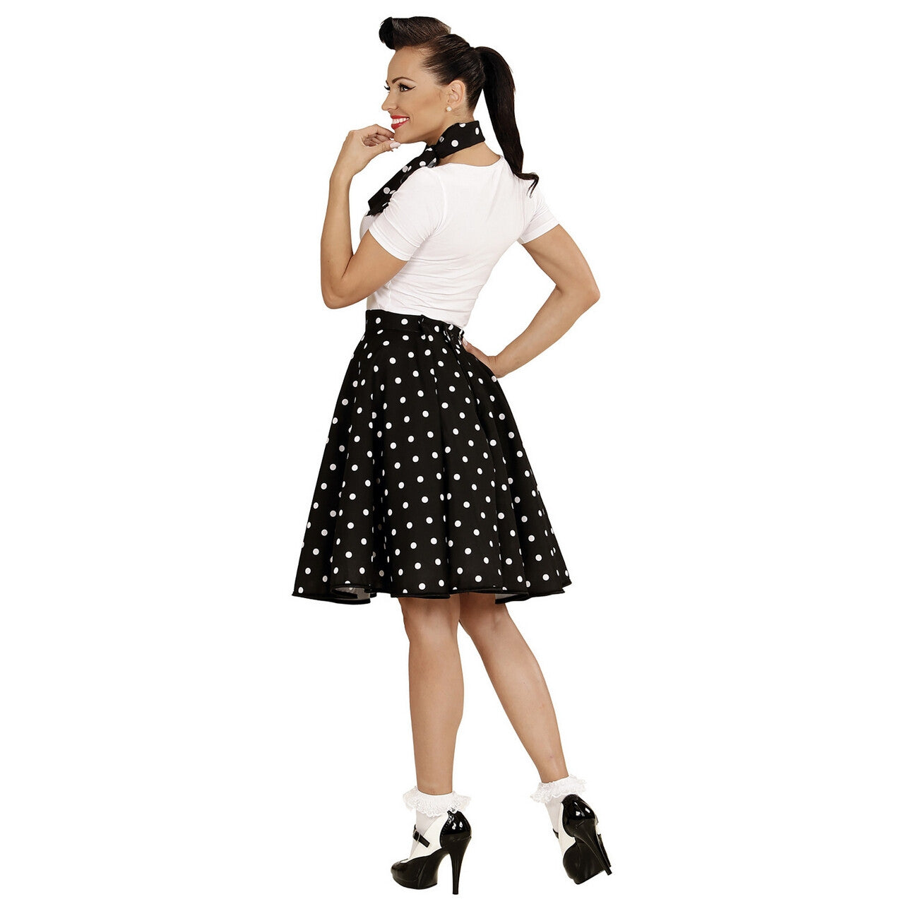 Op deze afbeelding zie je een Kostuums, van het merk Widmann. Black Lady 50s Rock And Roll Rok Met Nekband, Zwarte Stippen Vrouw Kostuum