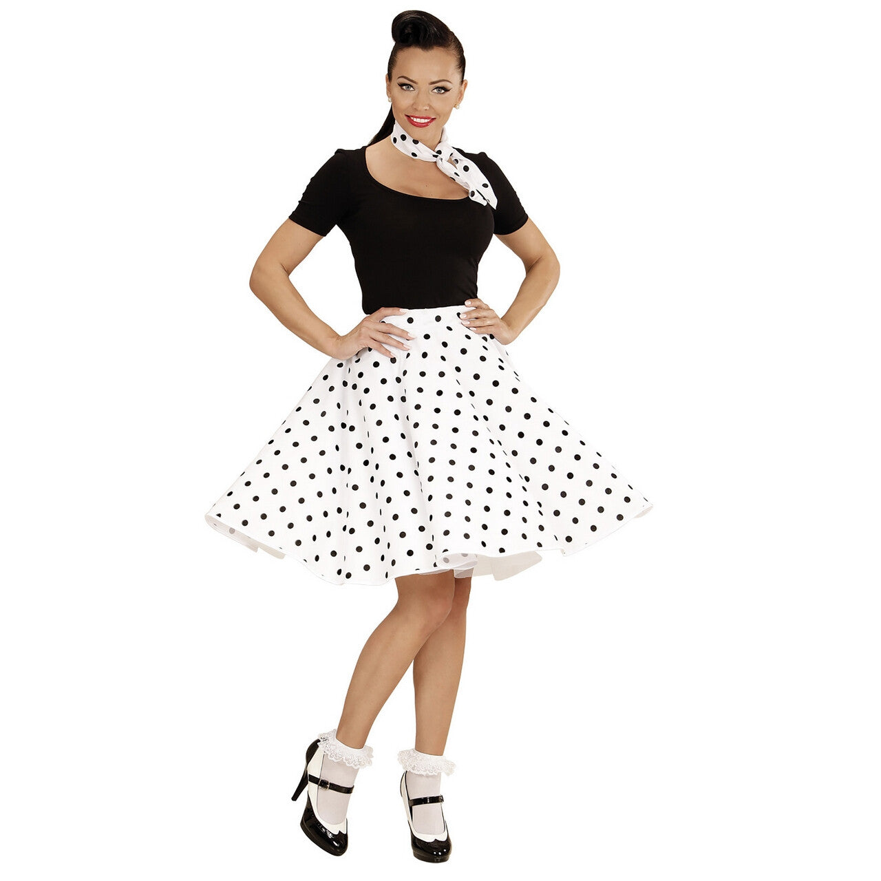 Op deze afbeelding zie je een Kostuums, van het merk Widmann. 50s Rock And Roll Rok Met Nekband, Wit Black Dotty Vrouw Kostuum
