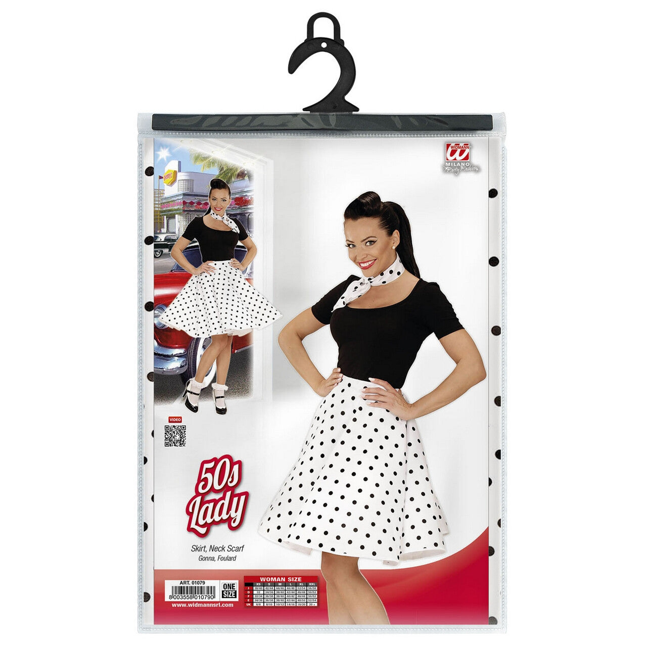 Op deze afbeelding zie je een Kostuums, van het merk Widmann. 50s Rock And Roll Rok Met Nekband, Wit Black Dotty Vrouw Kostuum
