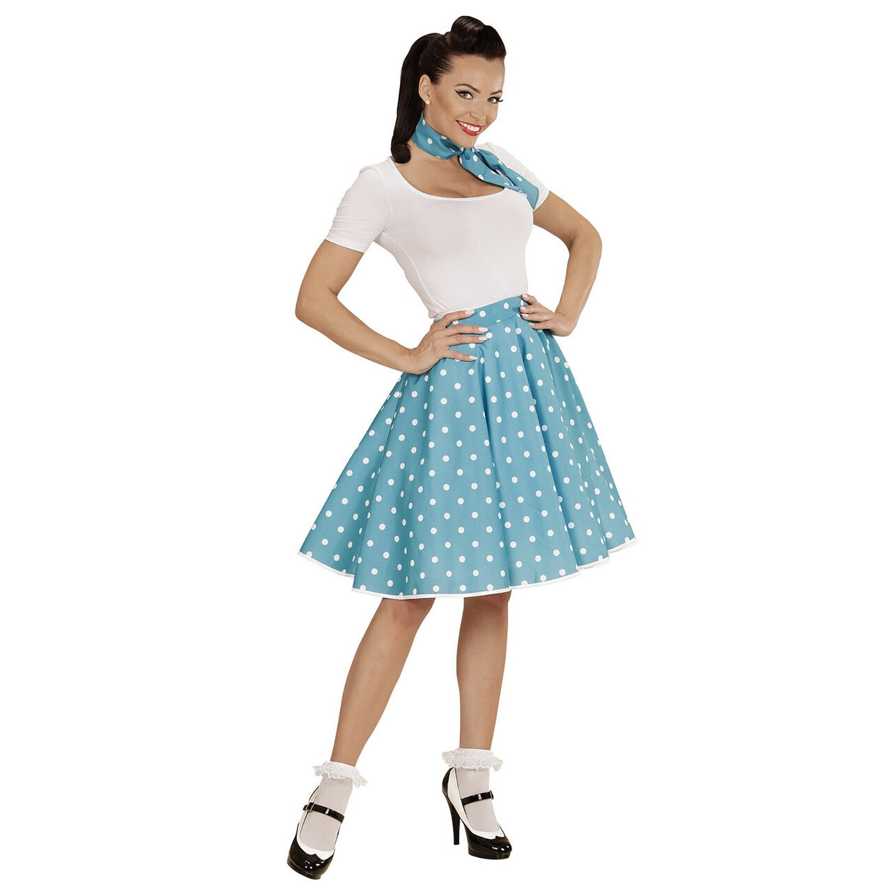 Op deze afbeelding zie je een Kostuums, van het merk Widmann. Sweetie-Pie 50s Rock And Roll Rok Met Nekband, Lichtblauw Vrouw Kostuum