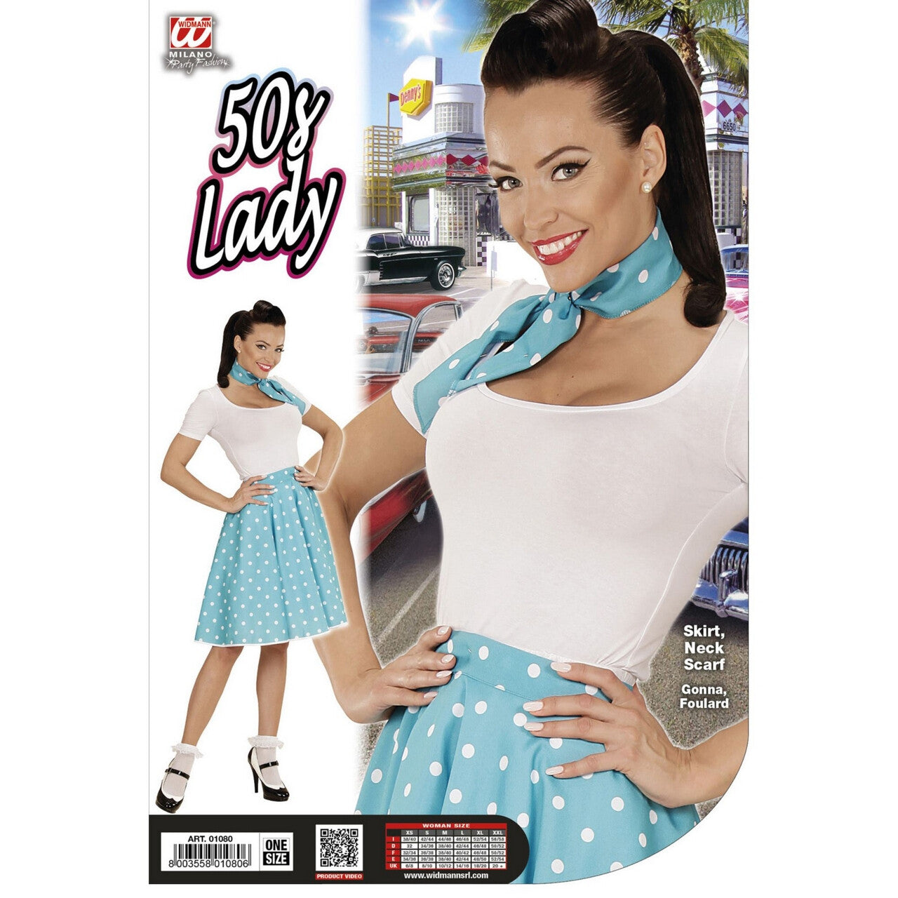 Op deze afbeelding zie je een Kostuums, van het merk Widmann. Sweetie-Pie 50s Rock And Roll Rok Met Nekband, Lichtblauw Vrouw Kostuum